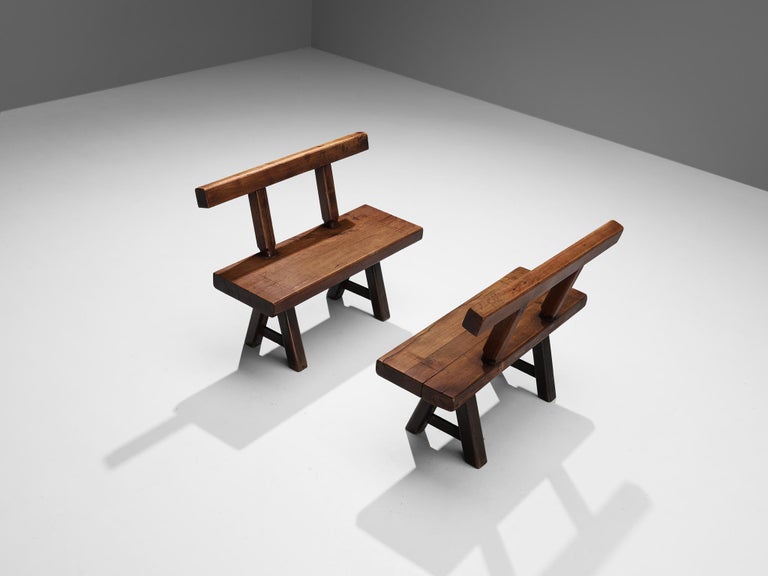 Mobichalet Brutalist Set of Table Benches and Stool in Oak For Sale 4