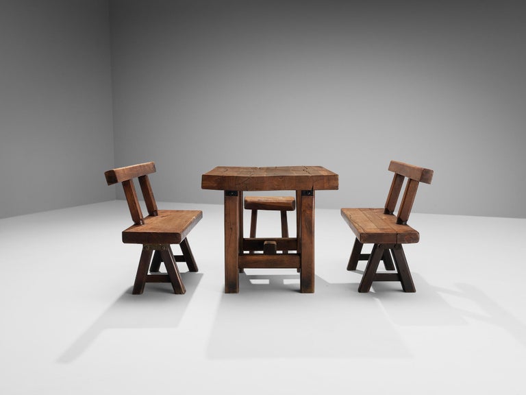 Belgian Mobichalet Brutalist Set of Table Benches and Stool in Oak For Sale