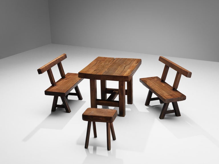 Beech Mobichalet Brutalist Set of Table Benches and Stool in Oak For Sale