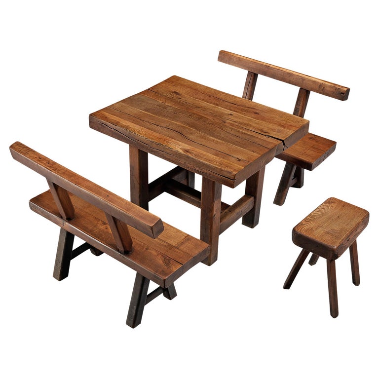 Mobichalet Brutalist Set of Table Benches and Stool in Oak For Sale