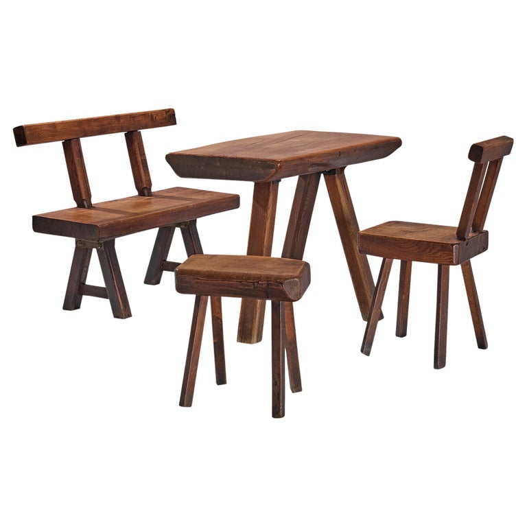 Mobichalet Brutalist Set of Tripod Table Bench Chair and Stool in Oak