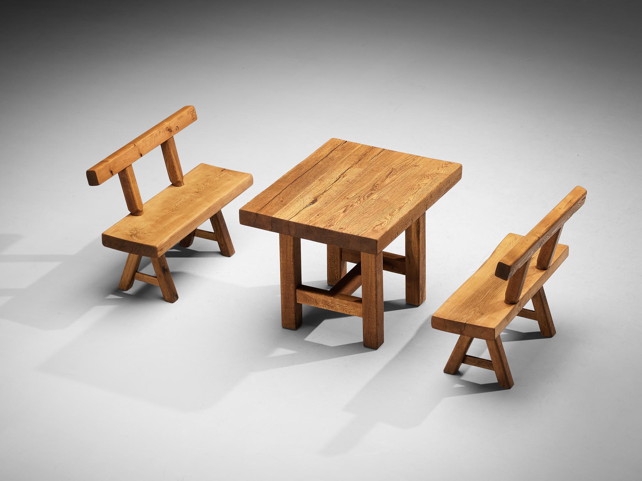 Mid-20th Century Mobichalet Brutalist Table and Benches in Warm Blond Oak  For Sale