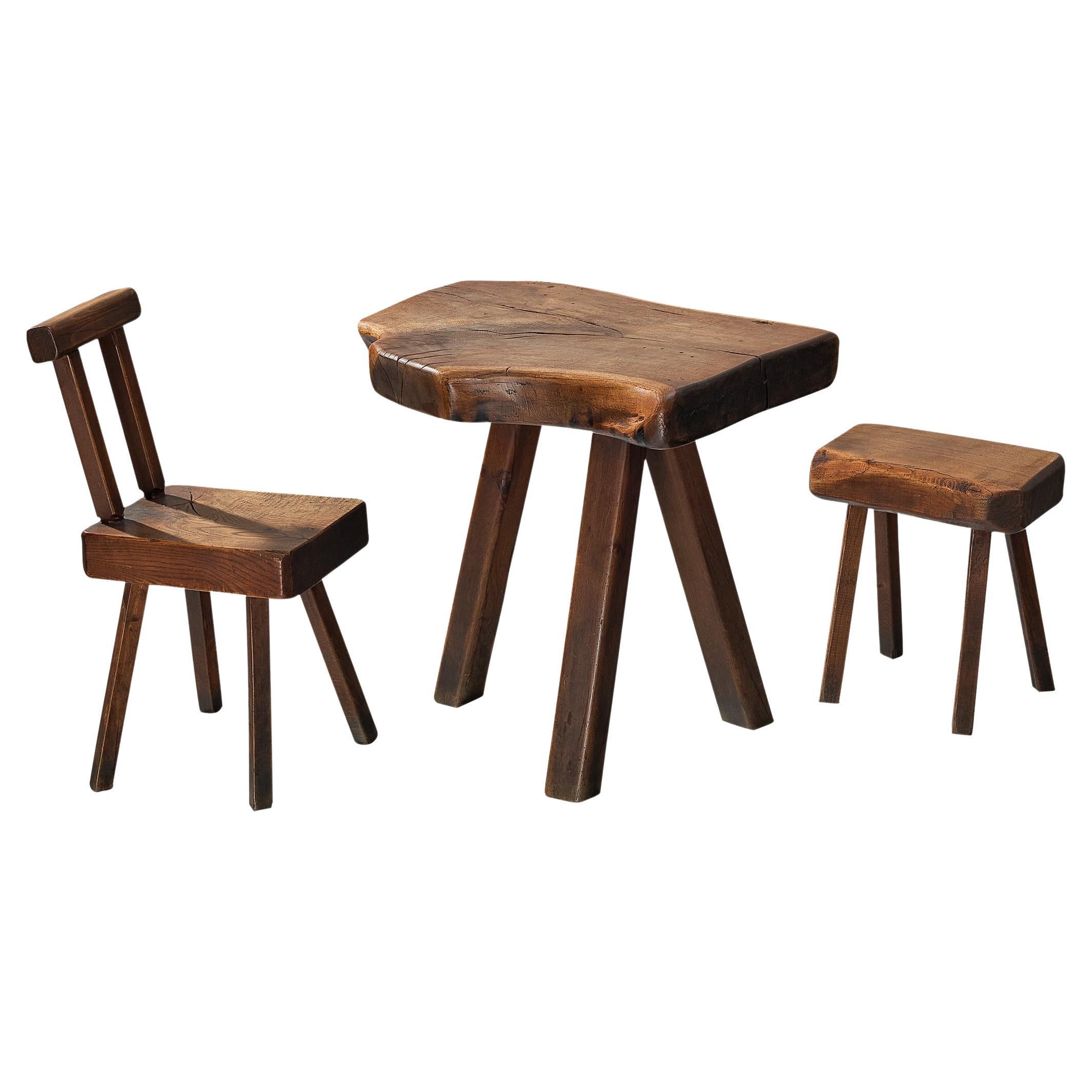 Table Mobichalet brutaliste avec chaise et tabouret en chêne 