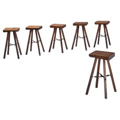 Mobichalet Set of Six Brutalist Wooden High Stools