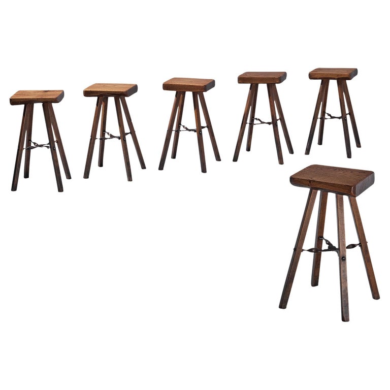 Mobichalet Set of Six Brutalist Wooden High Stools For Sale at 1stDibs