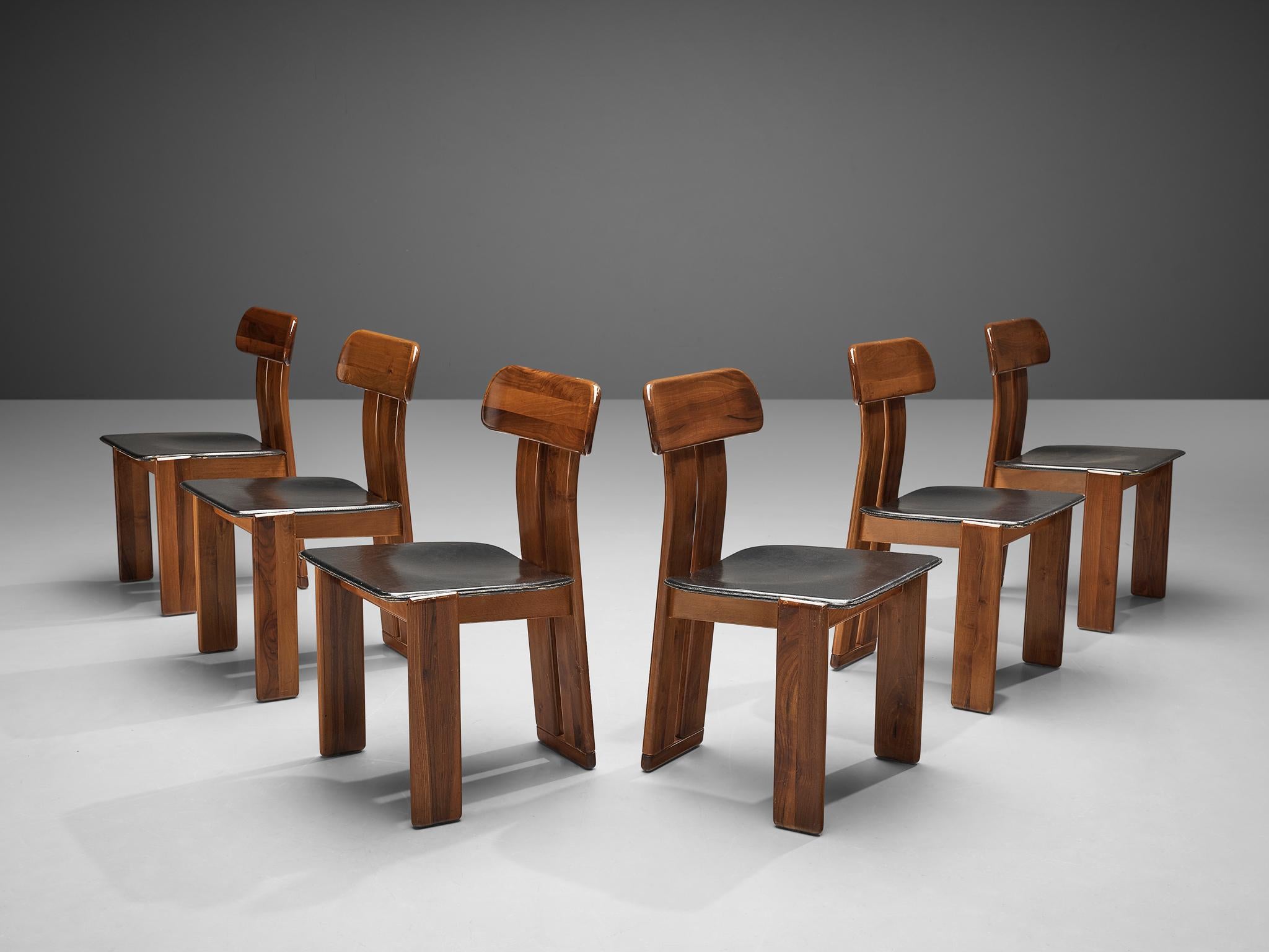 Mobil Girgi Set of Six Italian Dining Chairs in Black Leather and Walnut 6
