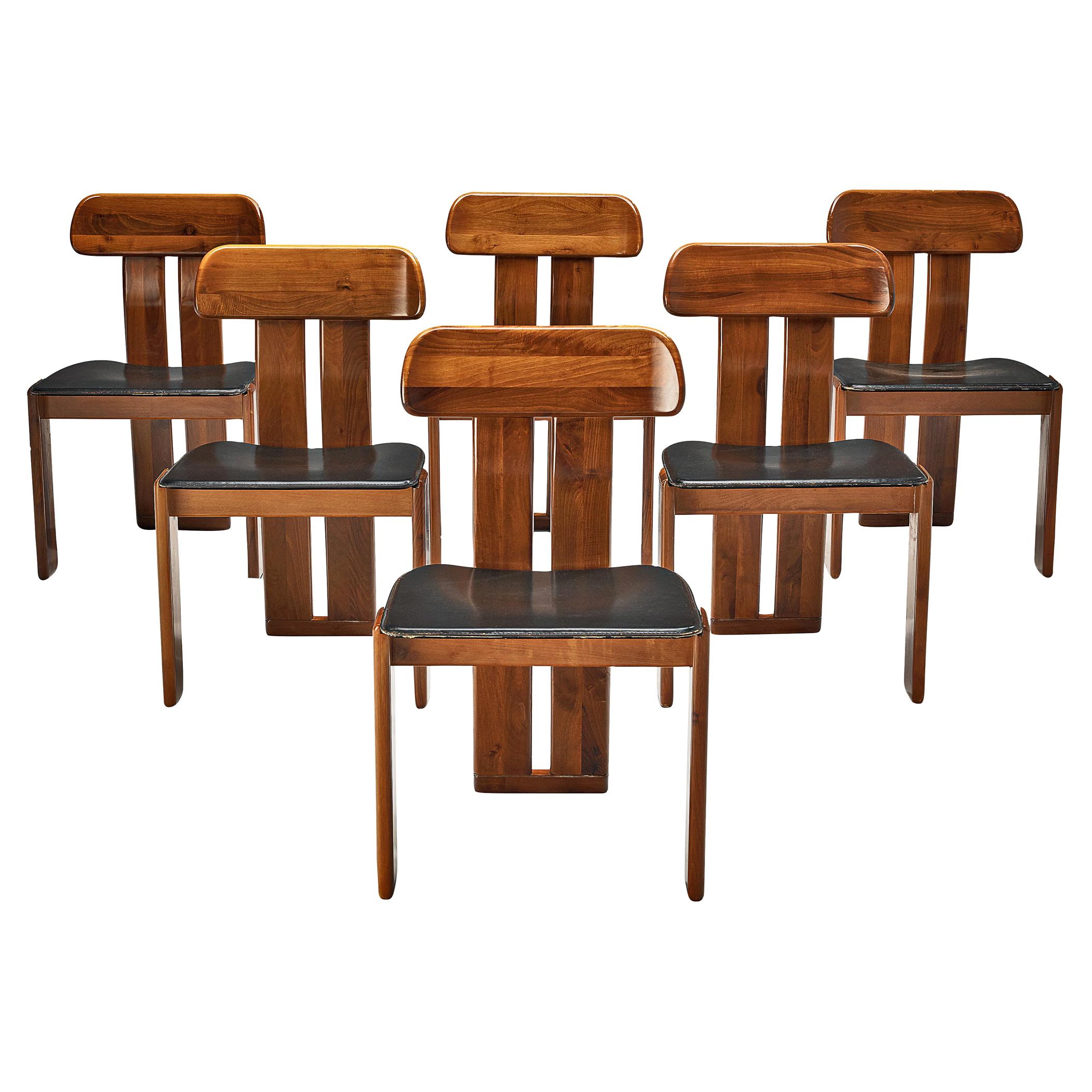 Mobil Girgi Set of Six Italian Dining Chairs in Black Leather and Walnut