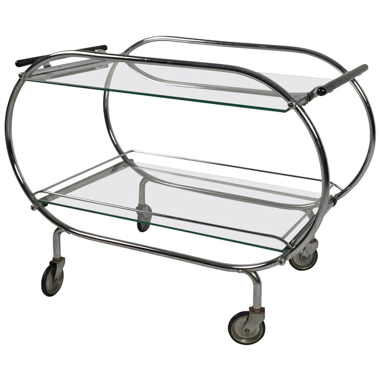 Mobile Art Deco Serving Trolley, Chromed Tubular Steel, Glass, France