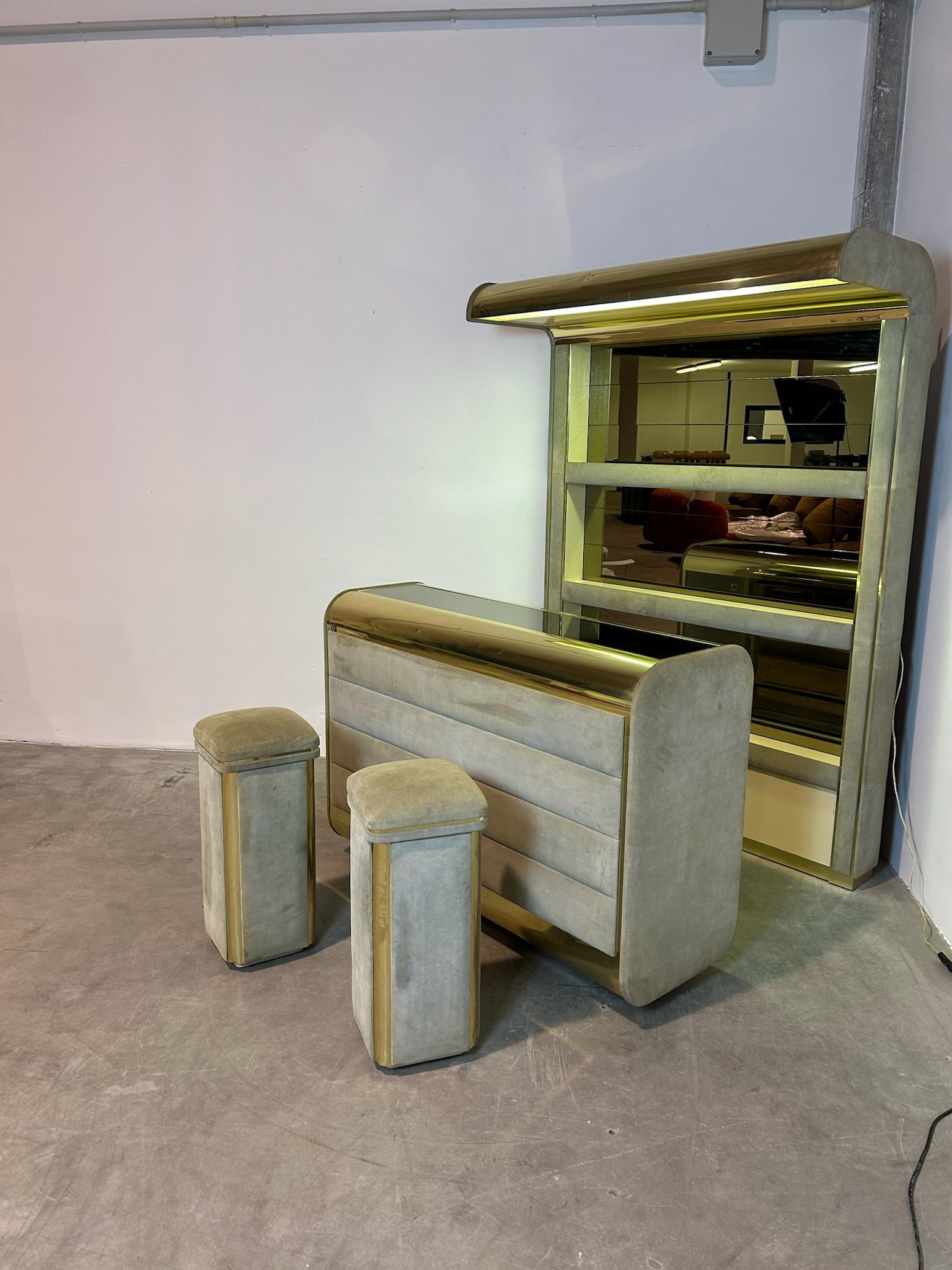 Mobile Bar Hollywood Regency di Willy Rizzo in ottone scamosciato en venta 1