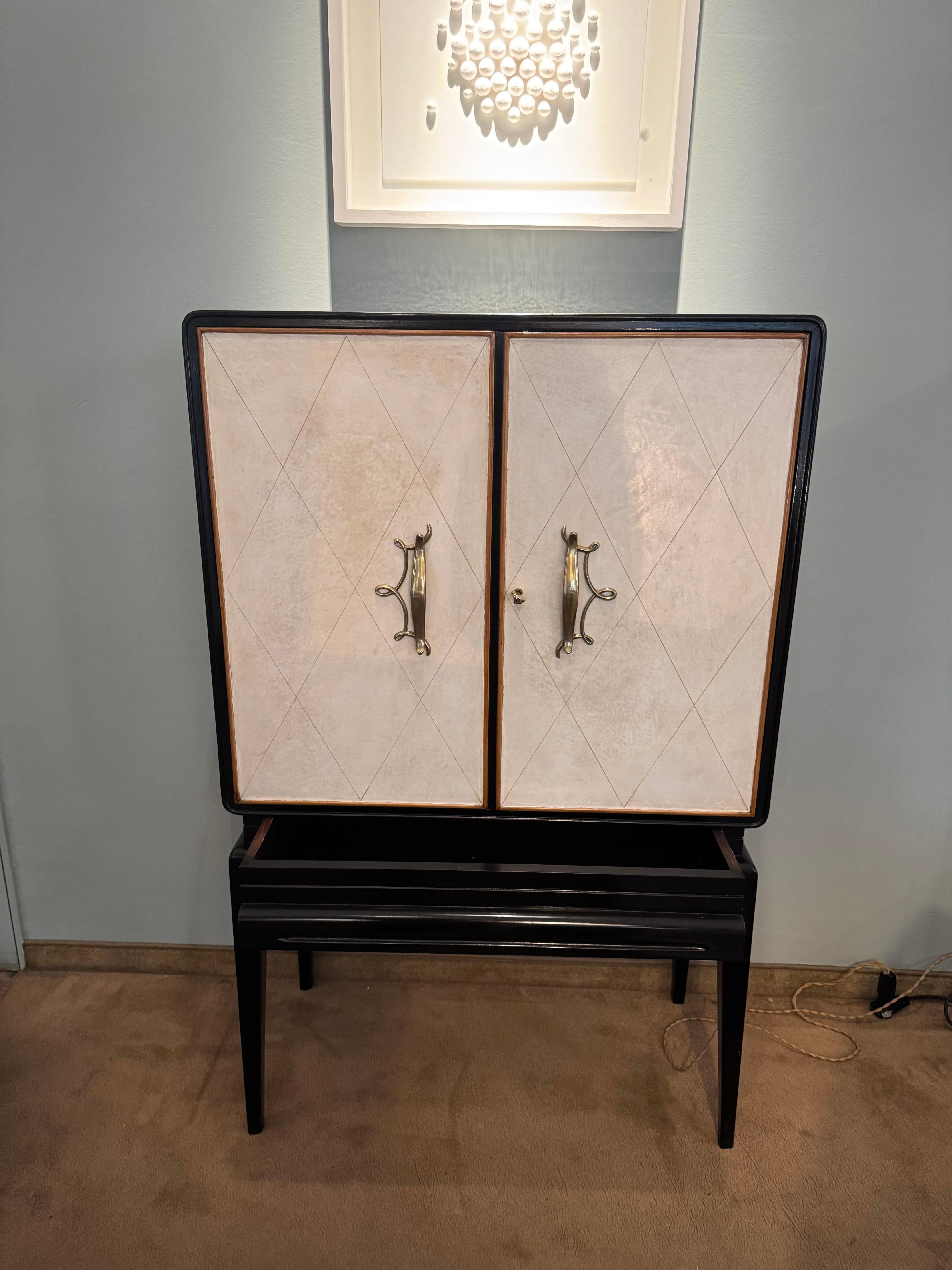 French Parchment and ebonized wood bar cabinet For Sale