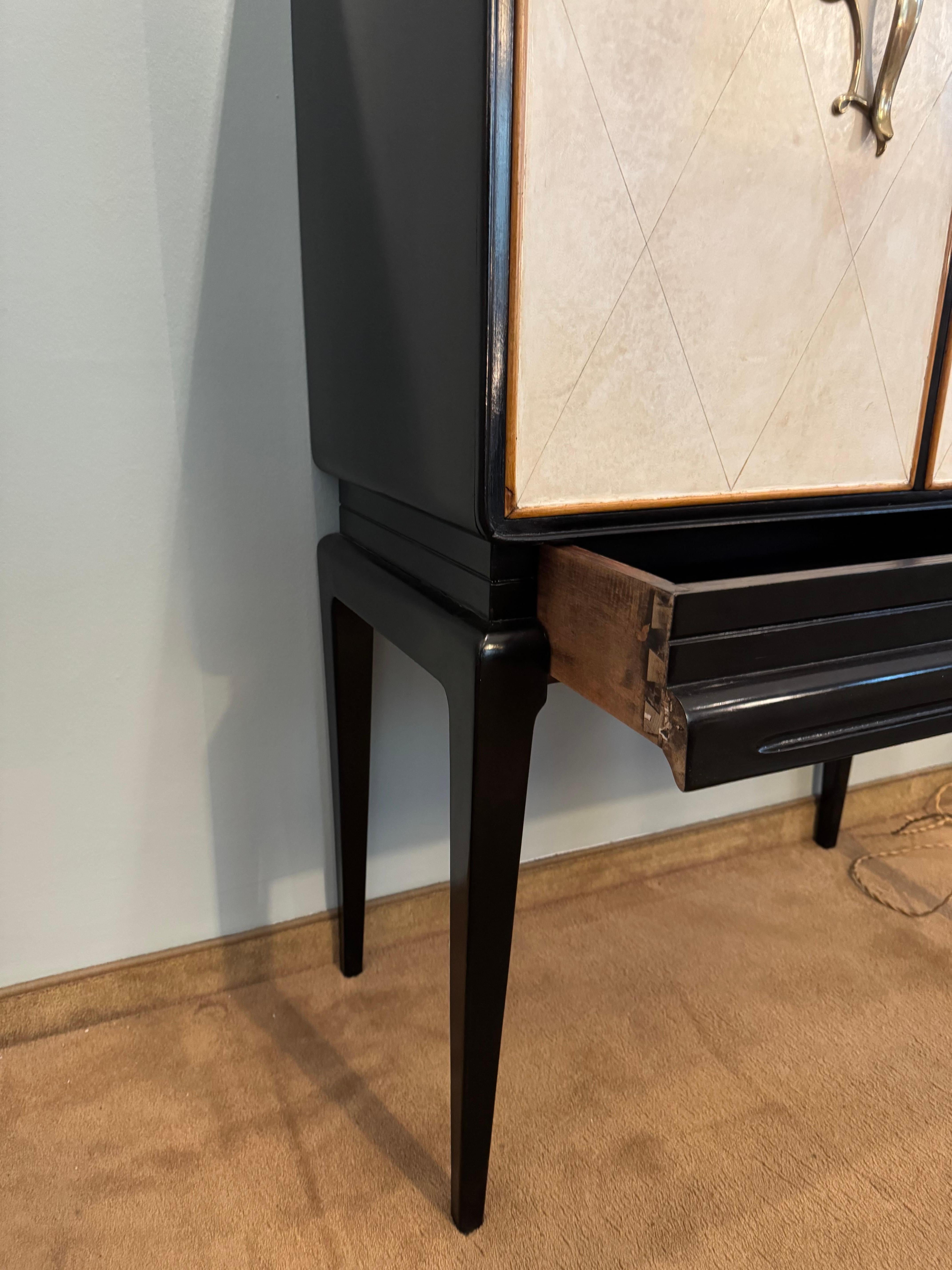 Hand-Crafted Parchment and ebonized wood bar cabinet For Sale