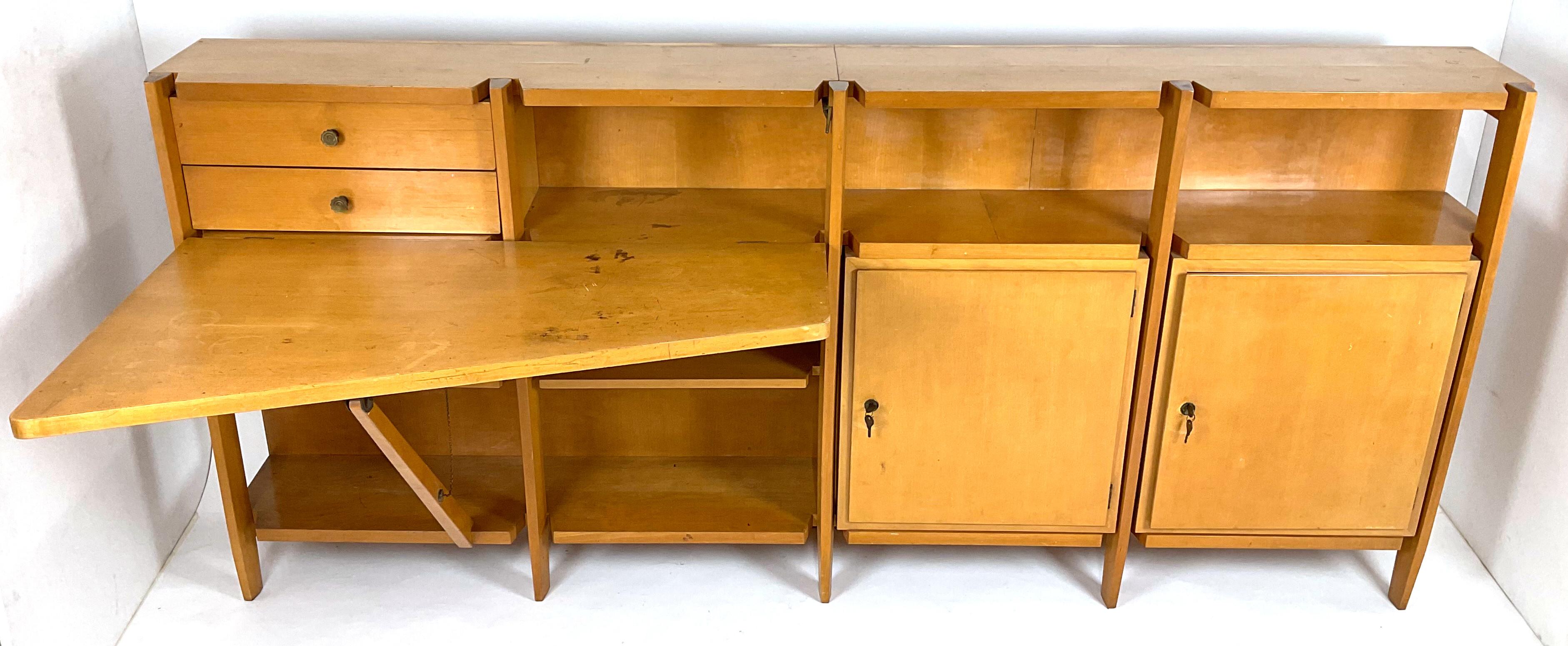 Mid-Century Modern Cabinet with Folding Desk and Suspended Corner Bookcase - Italy - 1950s For Sale