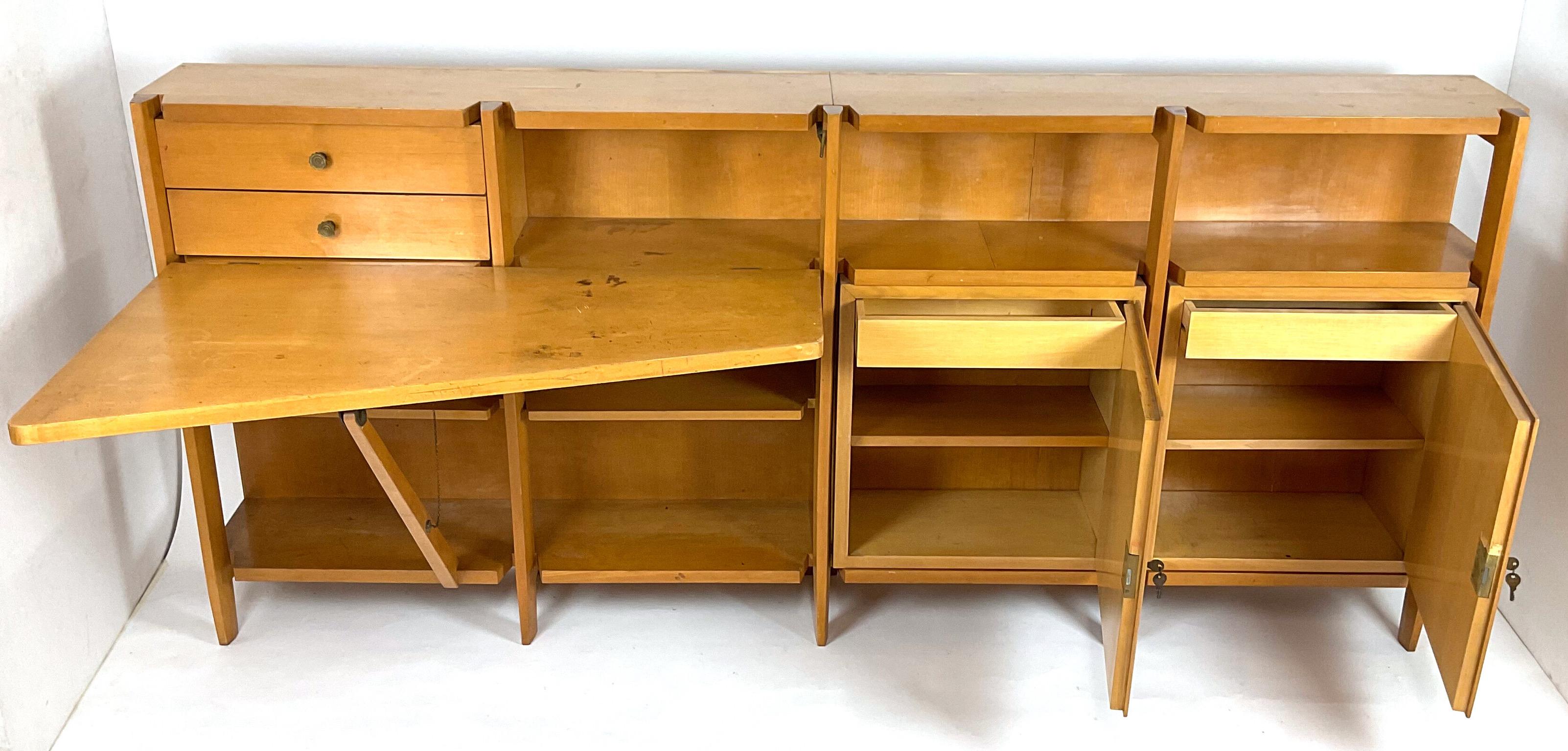 Italian Cabinet with Folding Desk and Suspended Corner Bookcase - Italy - 1950s For Sale