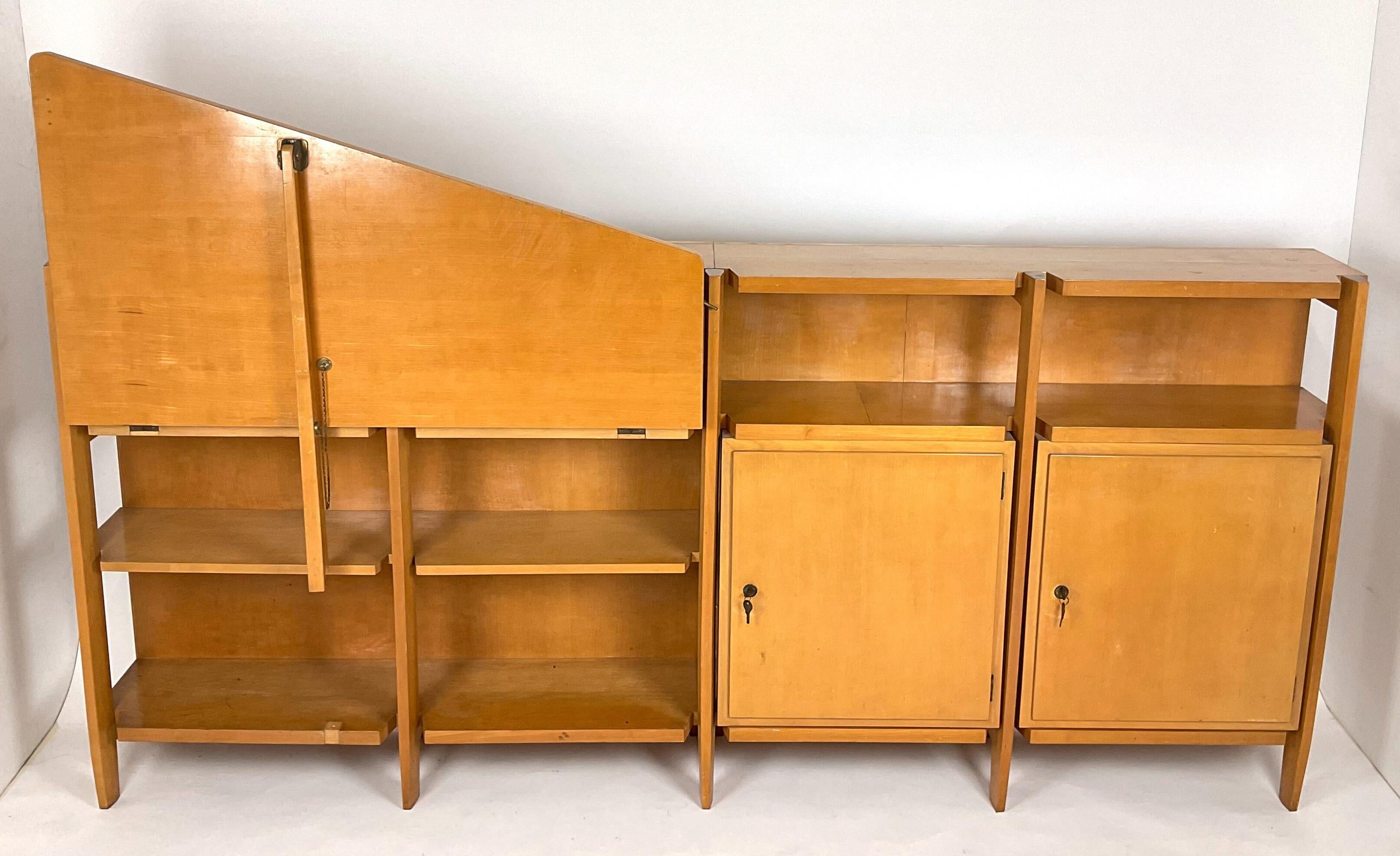 Cabinet with Folding Desk and Suspended Corner Bookcase - Italy - 1950s In Good Condition For Sale In Milano, IT