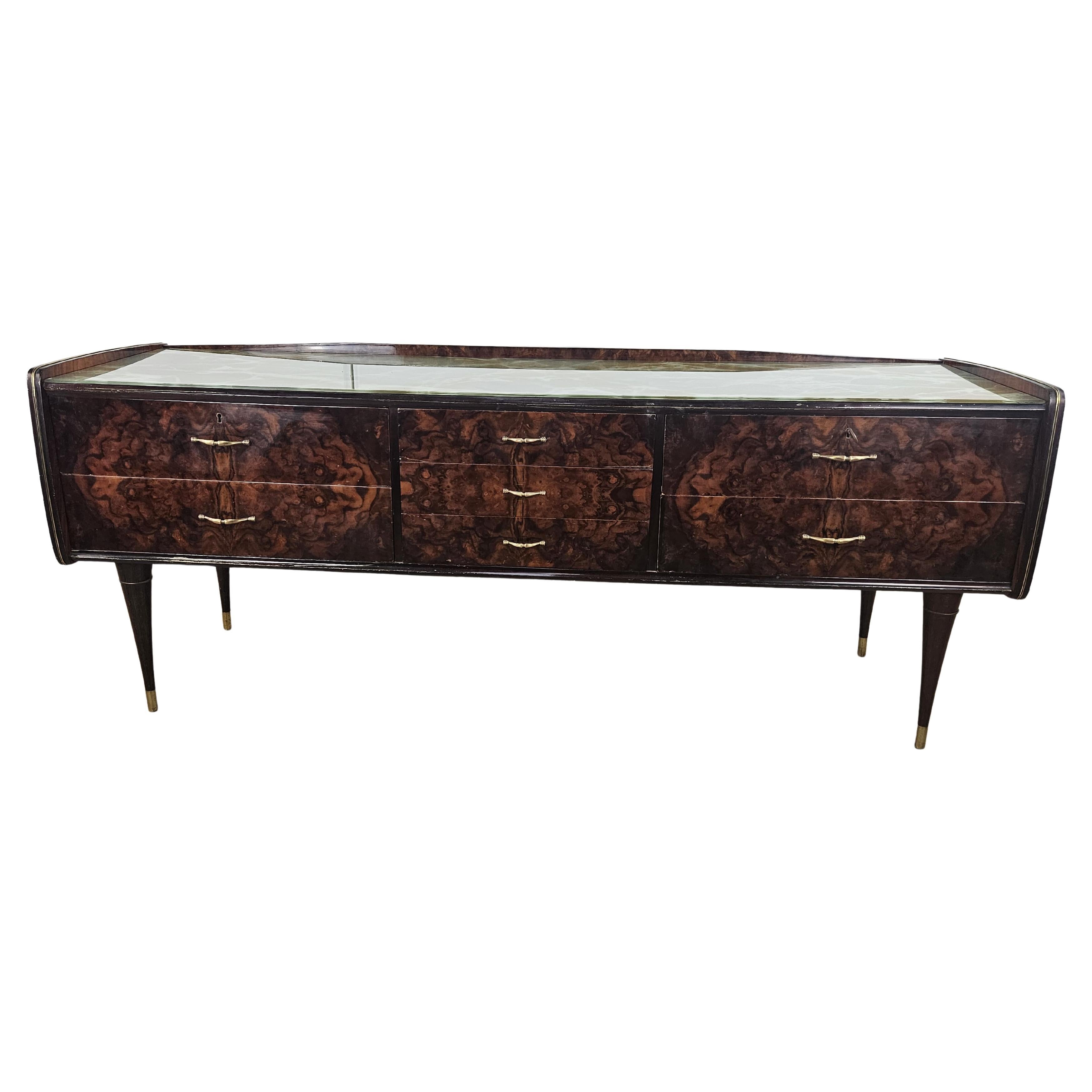 Cabinet with six drawers and worked glass top Mid Century 1970s