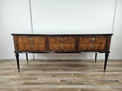 Mid Century wood and brass bedroom cabinet with six drawers and glass top