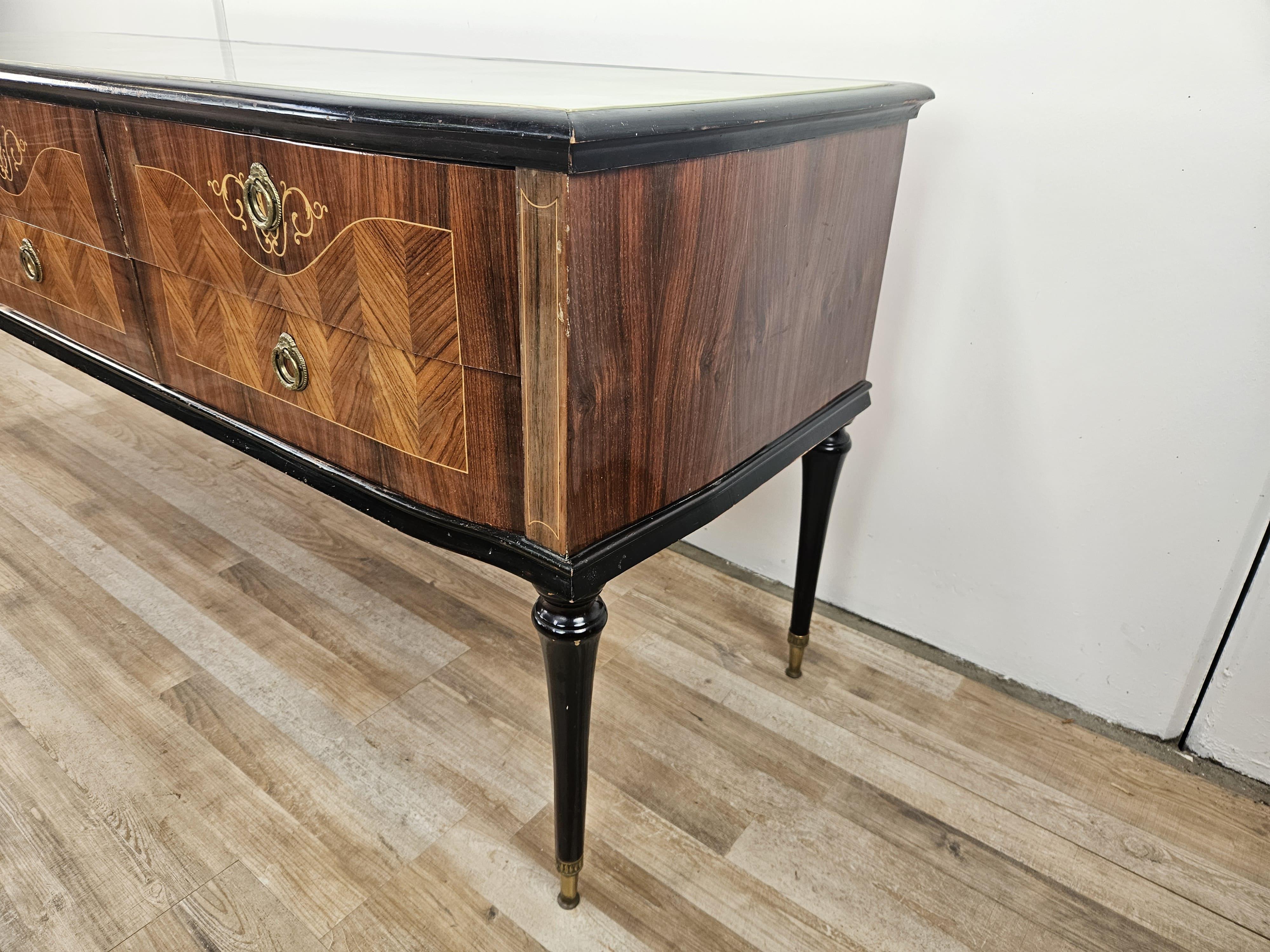Mid-Century Modern Mid Century wood and brass bedroom cabinet with six drawers and glass top For Sale