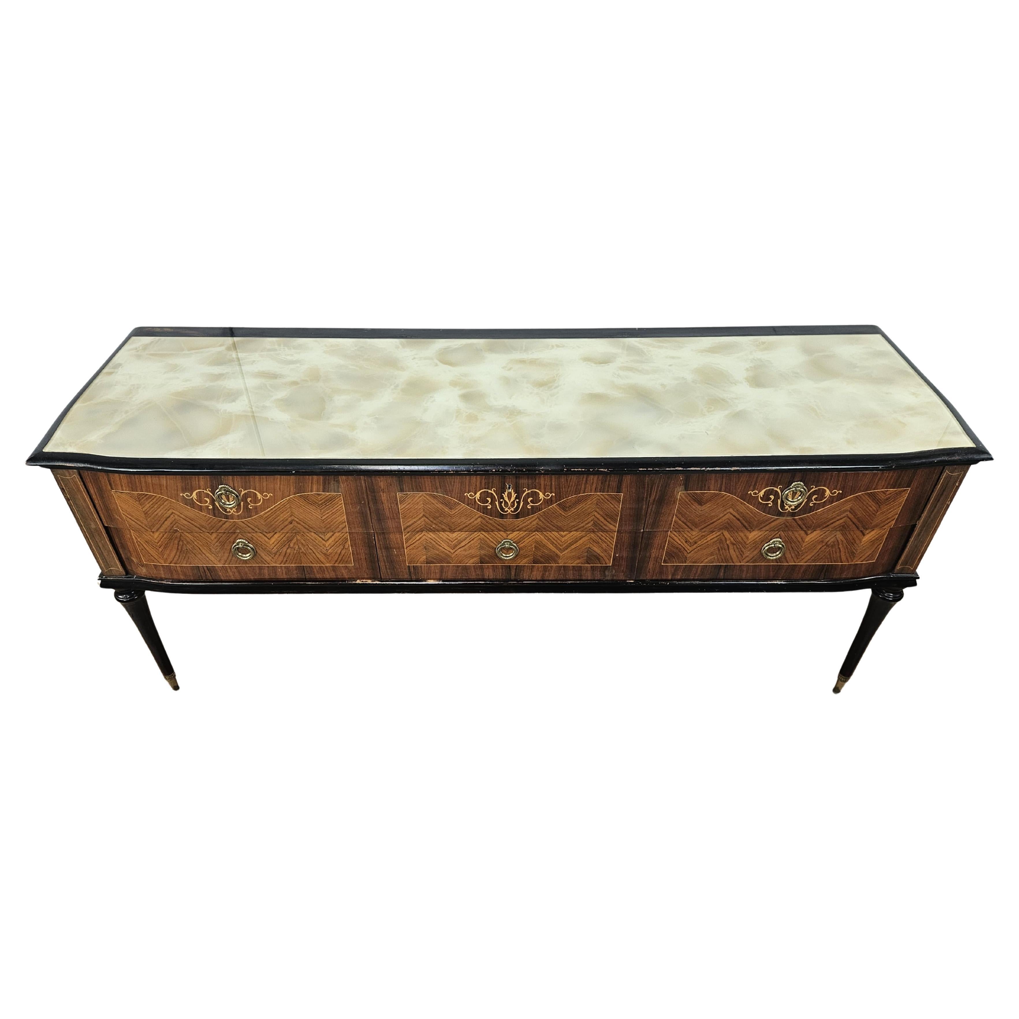 Mid Century wood and brass bedroom cabinet with six drawers and glass top