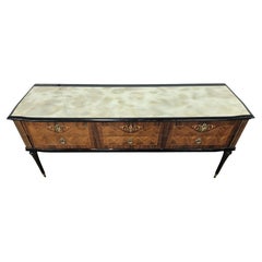Mid Century wood and brass bedroom cabinet with six drawers and glass top