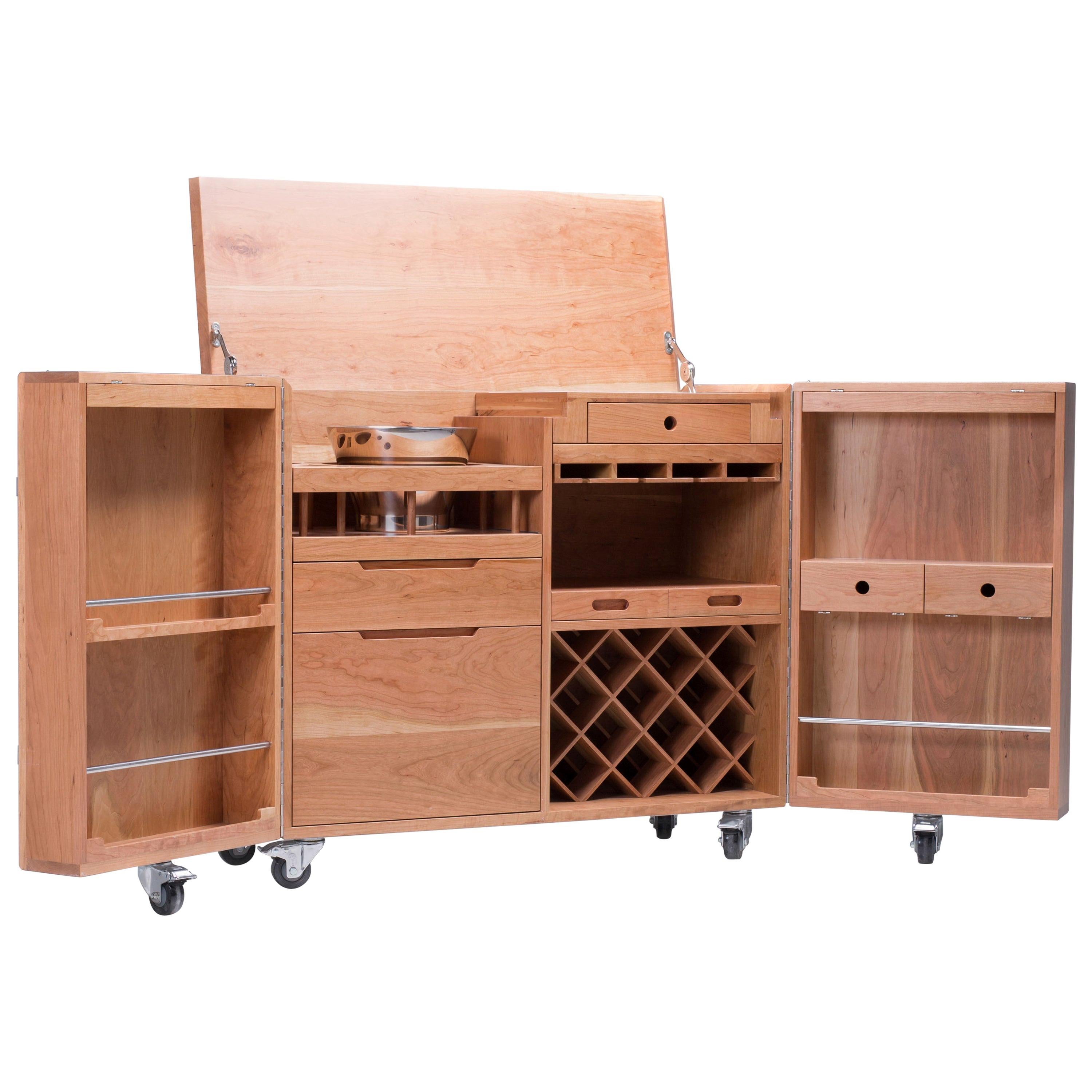Mobile Expandable Bar Wine Cabinet in Cherrywood and Stainless Steel, Naihan Li