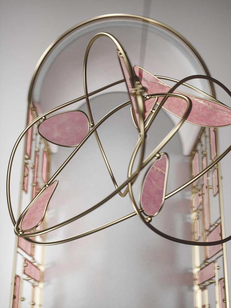 Art Deco Mobile in Rose Quartz and Bronze-Patina Brass by Kifu Paris For Sale
