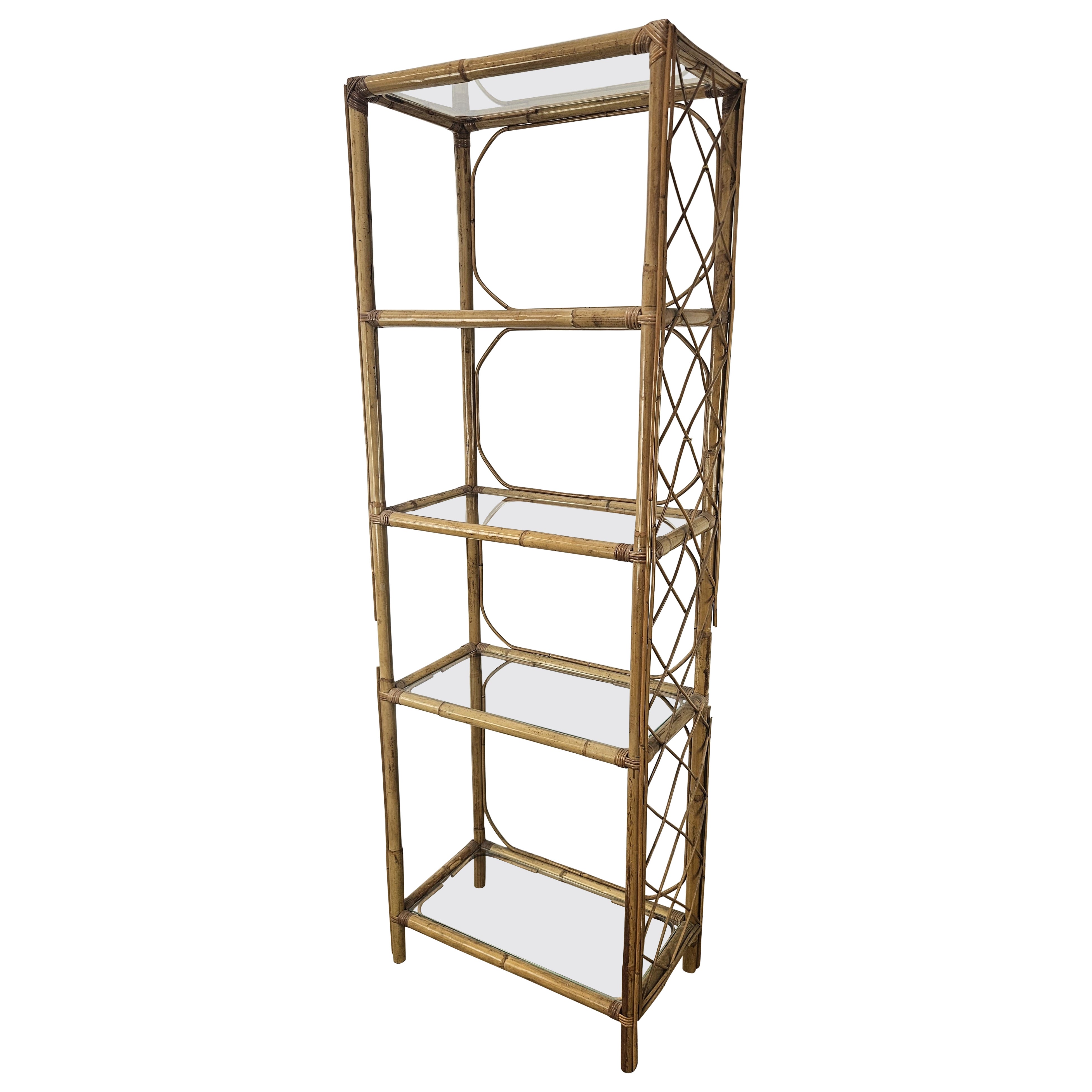 Wicker and bamboo cabinet with glass shelves 1970s