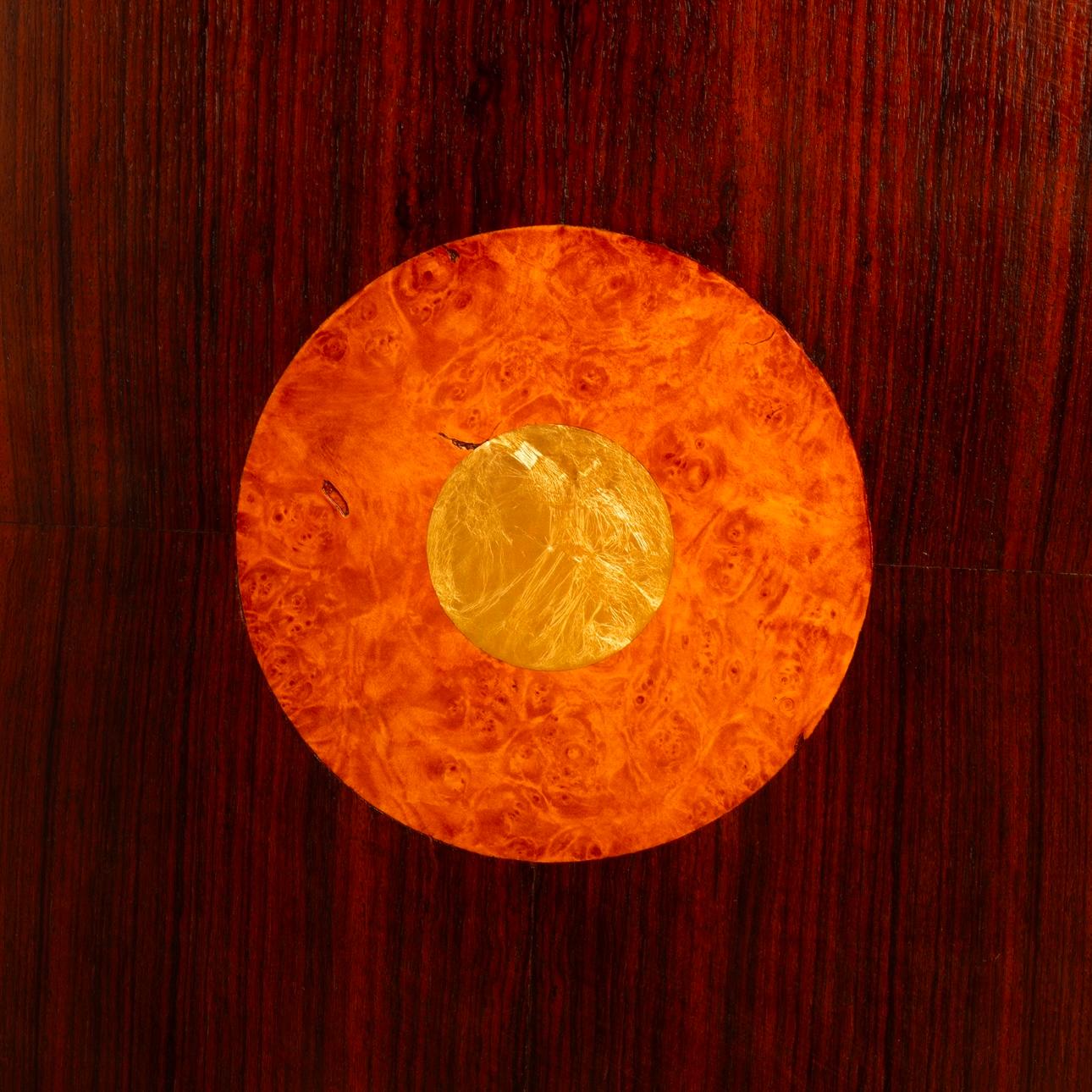 Stunning bar cabinet created in 2020 by Jacques Leo and presented exclusively by JF Gallery.
The cabinet is made of marine plywood veneered with precious vintage woods in various shades-rosewood, walnut, maple, burl, mahogany-used to compose an