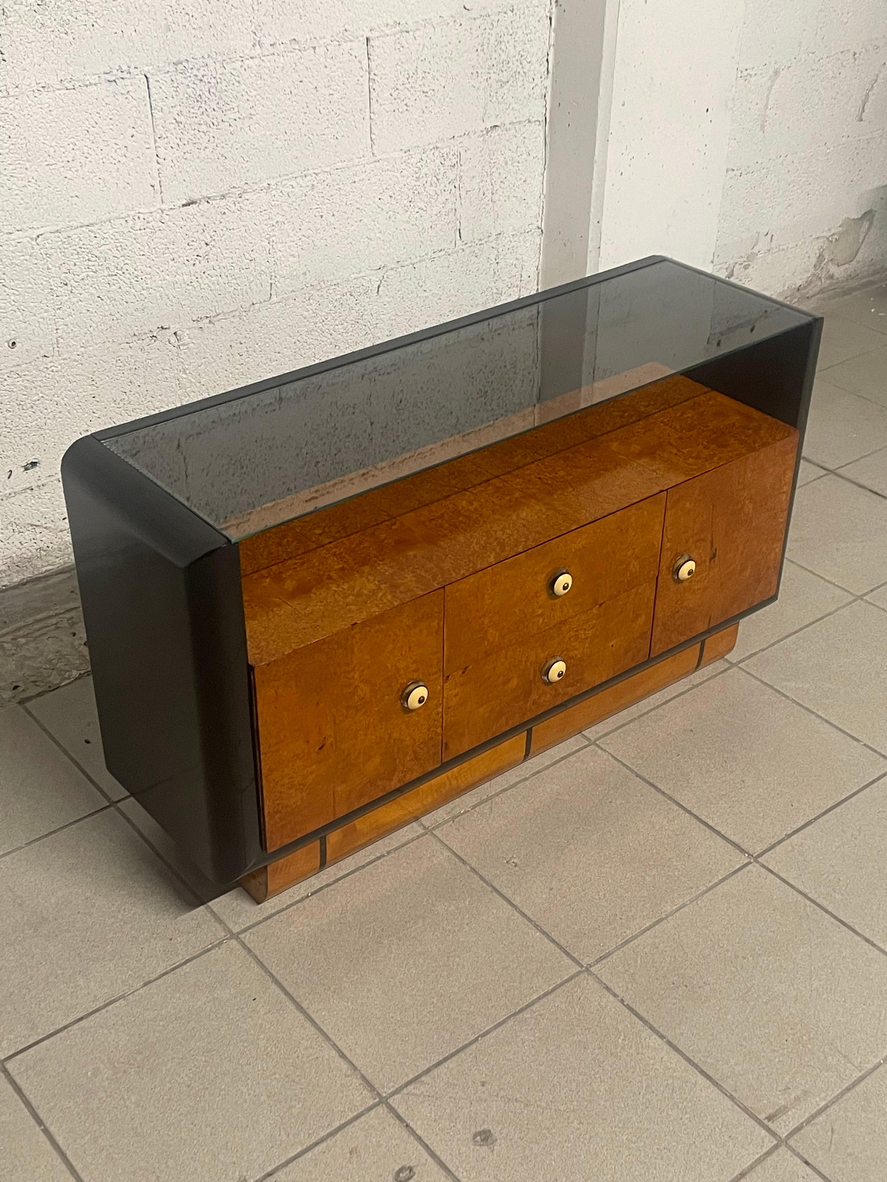 Mid-20th Century Low deco cabinet with crystal top, 1930s For Sale