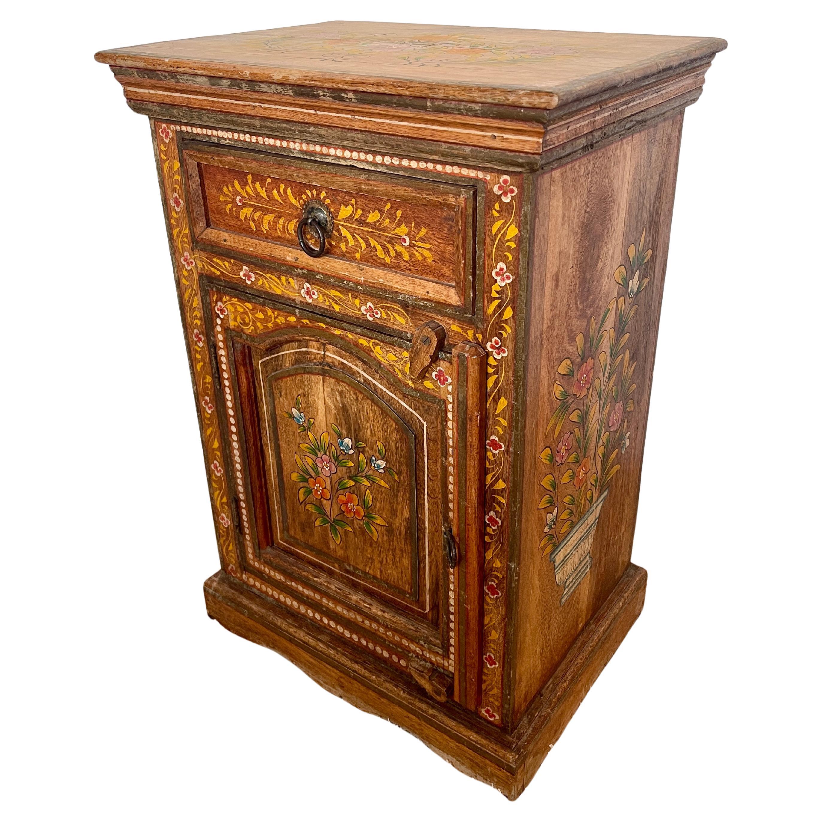 Folk Art Antique nightstand cabinet painted italy 1950s For Sale