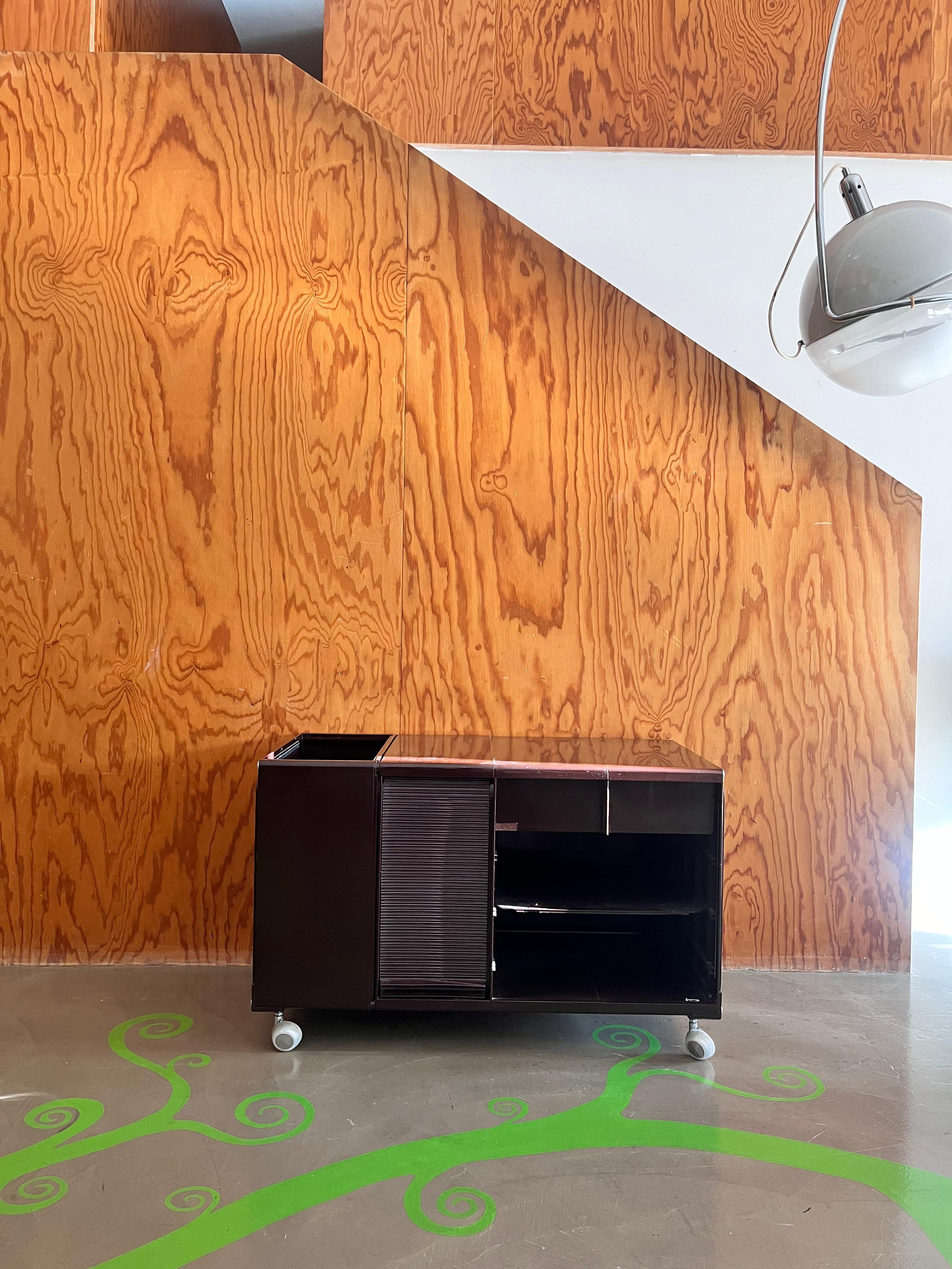 Nous avons le plaisir de vous présenter une authentique armoire des années 1970, fabriquée en plastique brun par la société vénitienne Elco (Scorzè). Cette pièce unique n'est pas seulement un élément de design vintage, mais aussi une solution