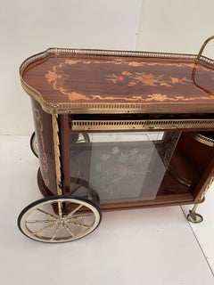Majestuoso carrello bar in ottone e legno intarsiato