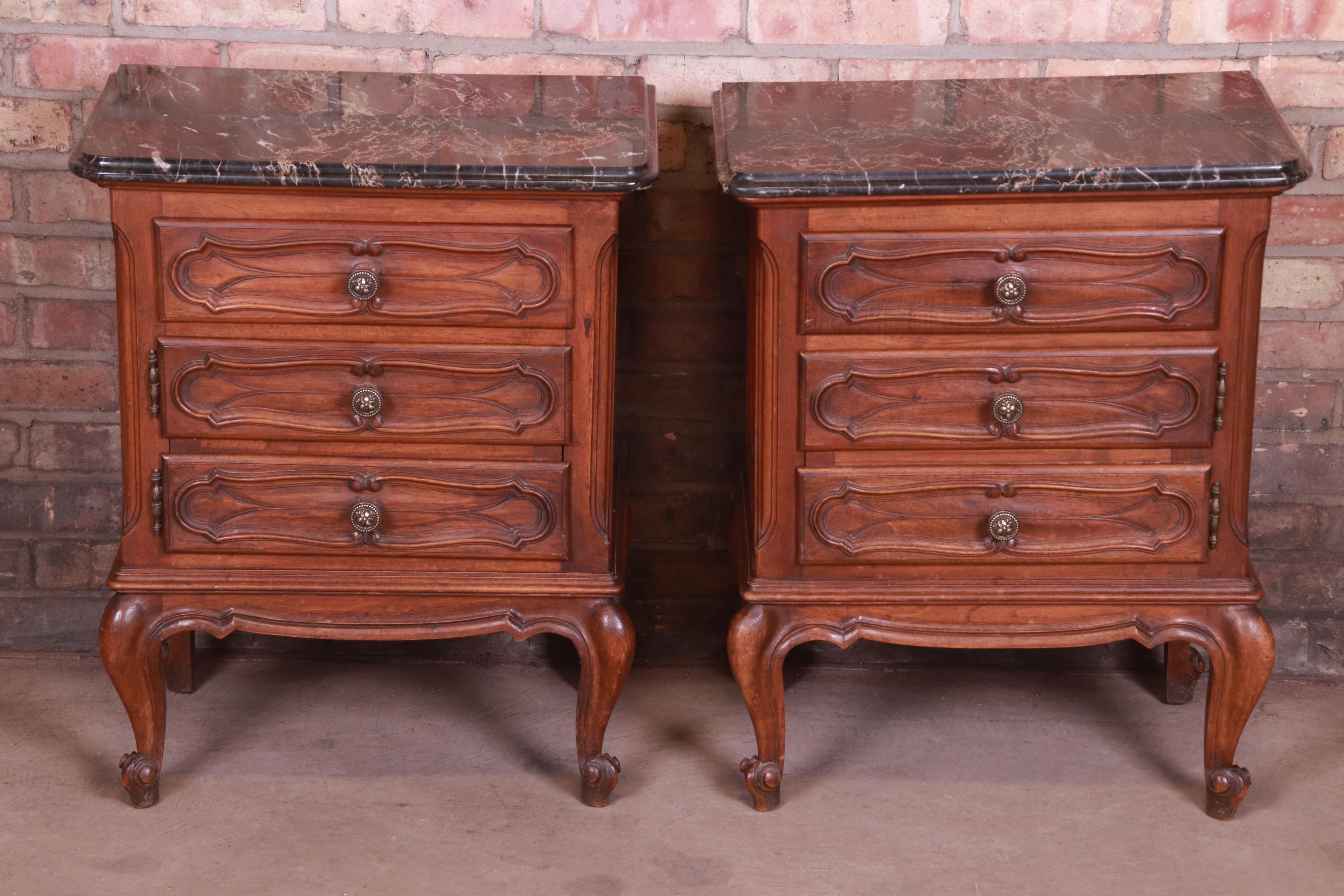 20th Century Mobili Barovero Italian Provincial Carved Walnut Marble Top Nightstands, Pair