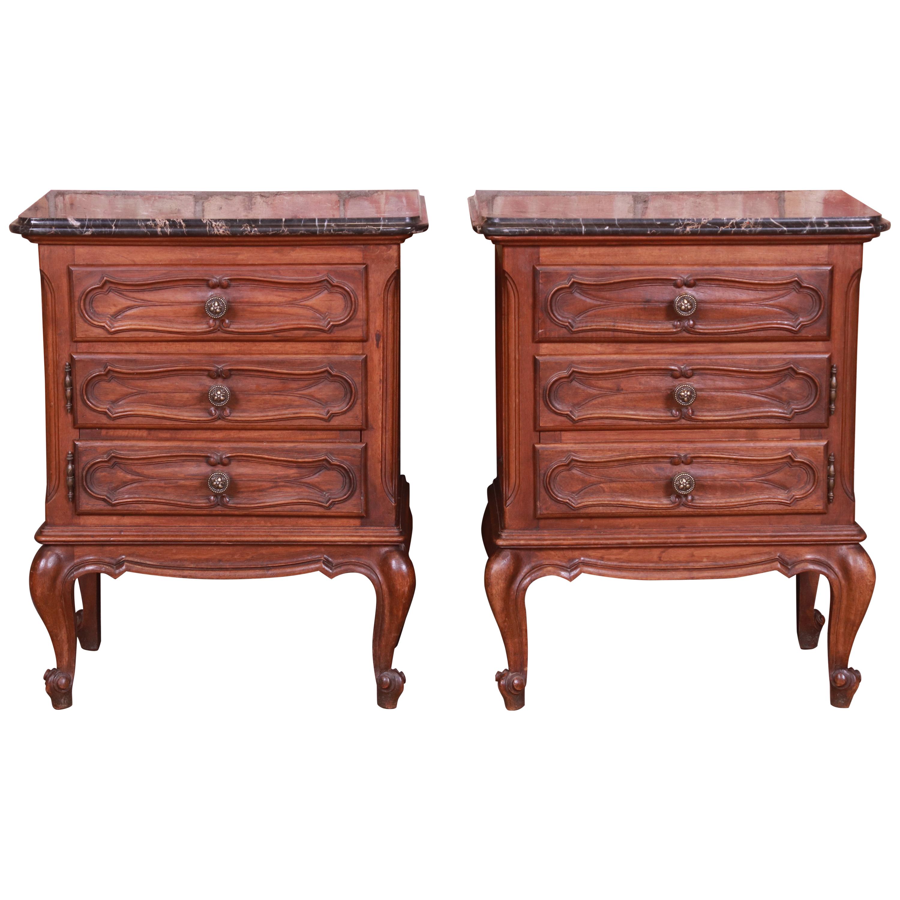 Mobili Barovero Italian Provincial Carved Walnut Marble Top Nightstands, Pair
