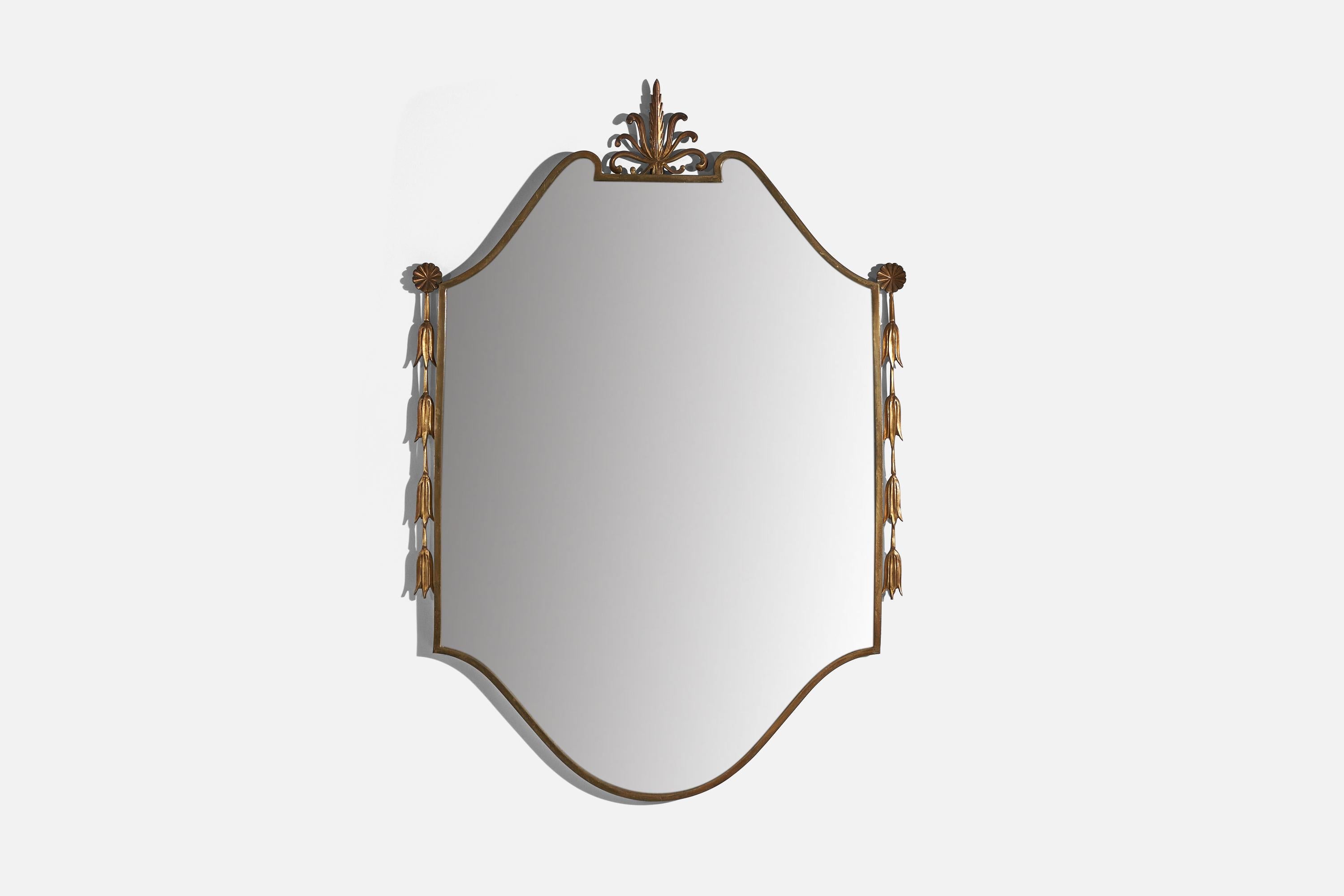 A brass wall mirror designed and produced by Mobilificio Cicchetti, Genoa, Italy, c. 1940s.
    