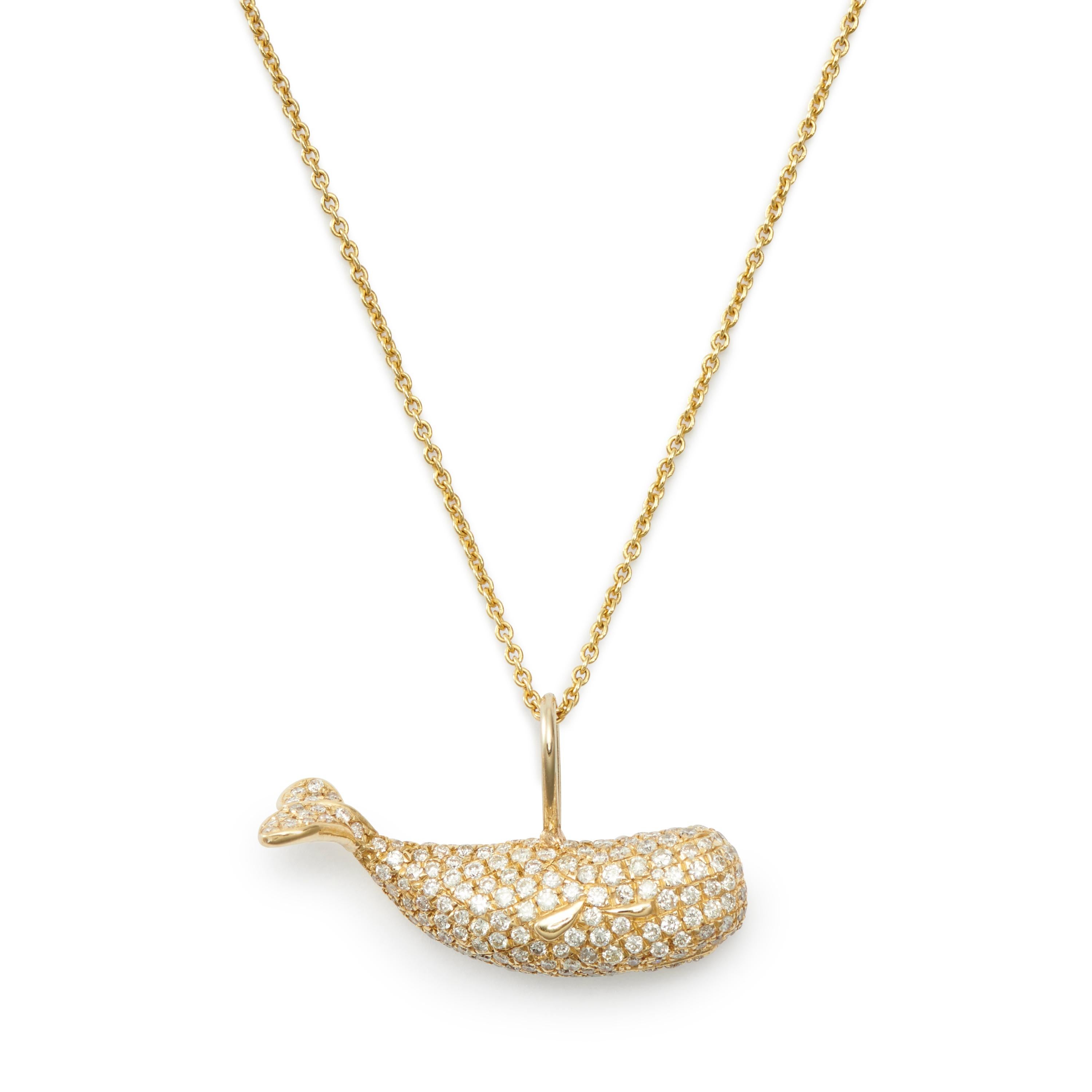 Moby in the Middle is looking festive in 14 Karat Yellow Gold with 1.1 Carat Pavé Diamonds. Let him swim alone or pair him with a friend from the growing Magnificent Moby Whale Collection.

Also available in 14 Karat White Gold.

*Shown styled with