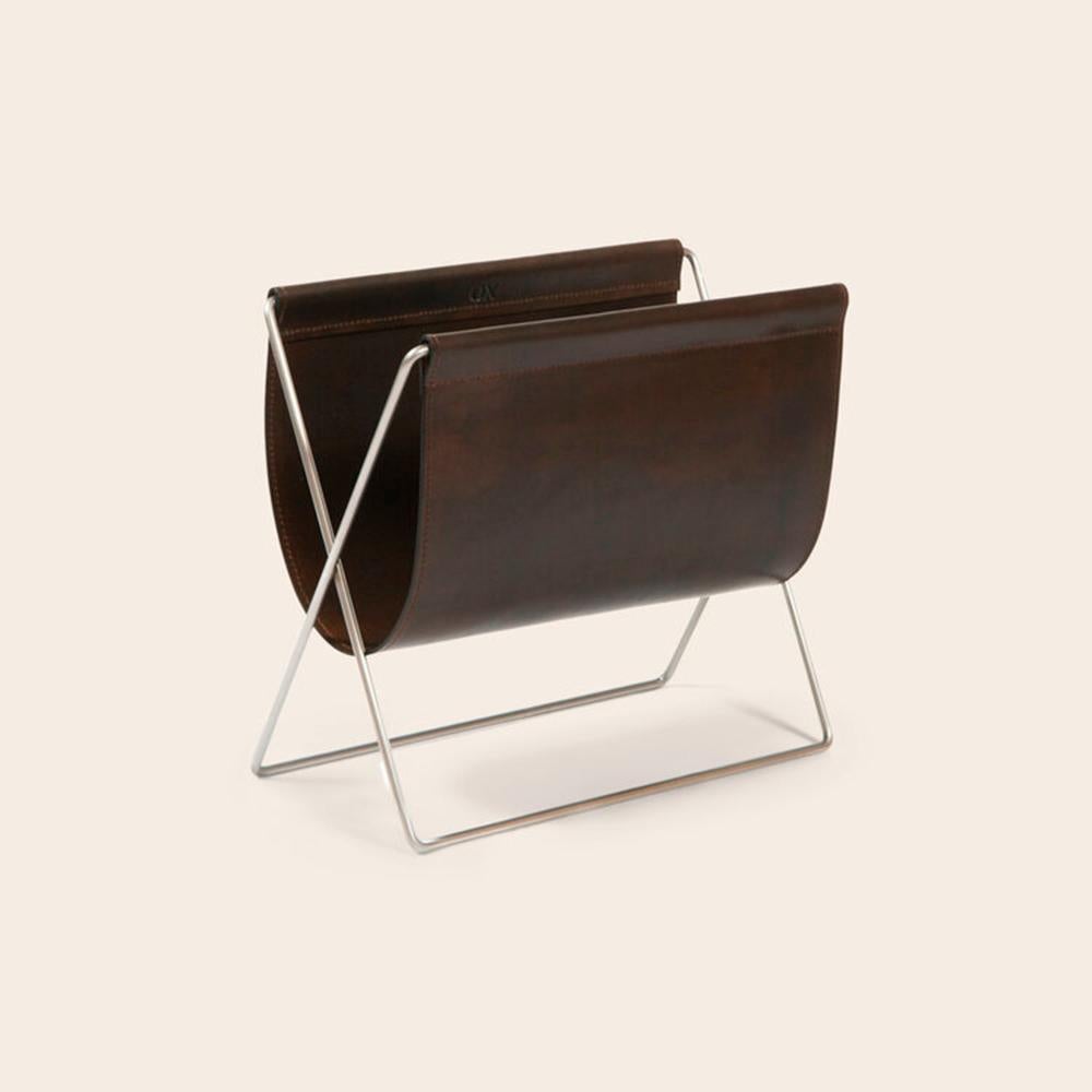 Post-Modern Mocca Leather and Black Steel Maggiz Magazine Rack by OxDenmarq