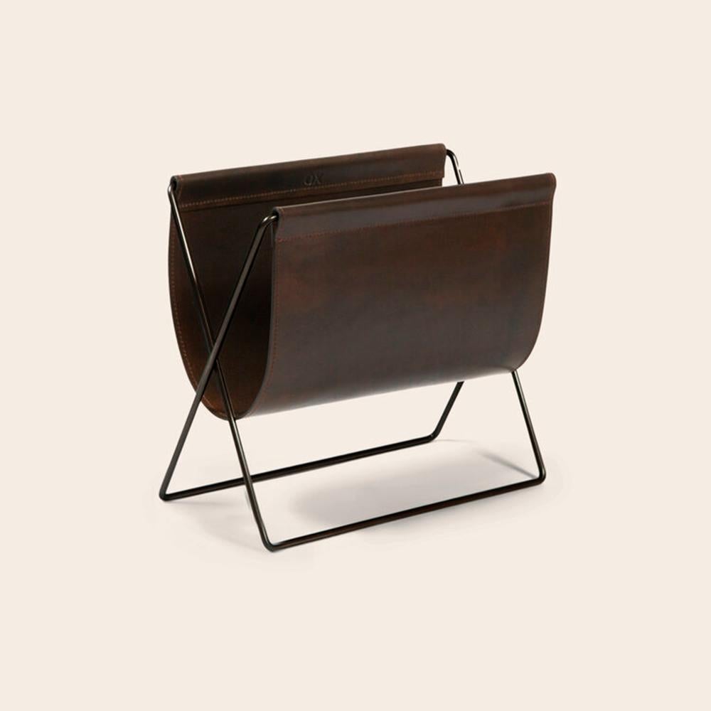 Post-Modern Mocca Leather and Steel Maggiz Magazine Rack by OxDenmarq For Sale