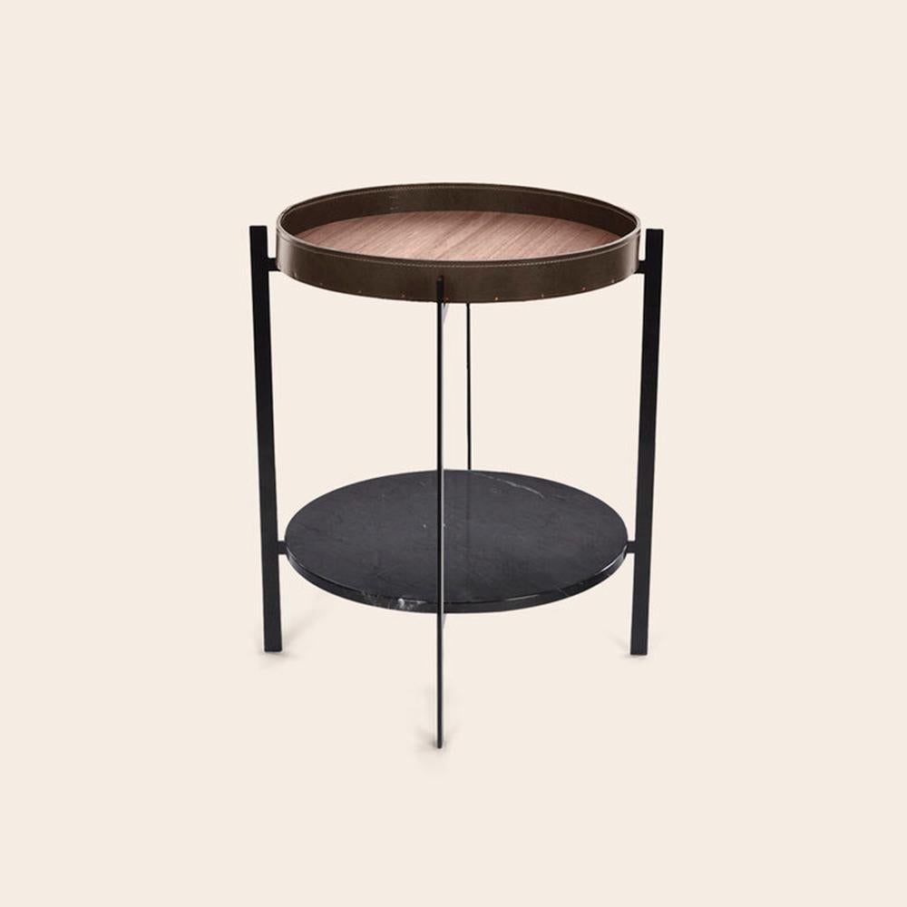 Mocca leather, walnut wood and black Marquina marble deck table by OxDenmarq
Dimensions: D 57 x W 57 x H 67 cm
Materials: Steel, black Marquina marble, leather, walnut wood
Also available: Different tray conbinations available

OX DENMARQ is a