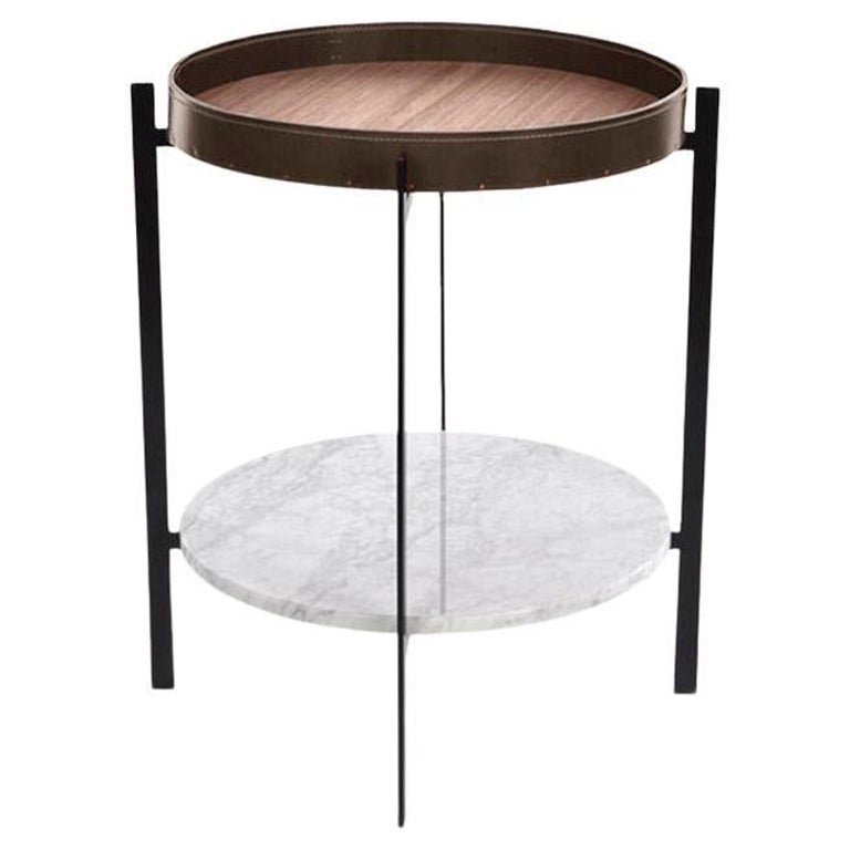 Mocca Leather, Walnut Wood and White Carrara Marble Deck Table by Oxdenmarq