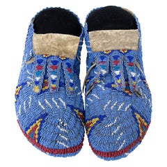 Antique Moccasins, Early 20th Century, Sioux, Plains Indian, Pictorial Bead Work, Tepees