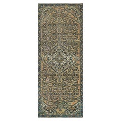 Mocha Brown, Hand Knotted Vintage Persian Hamadan with Fish Design Worn Wool Rug