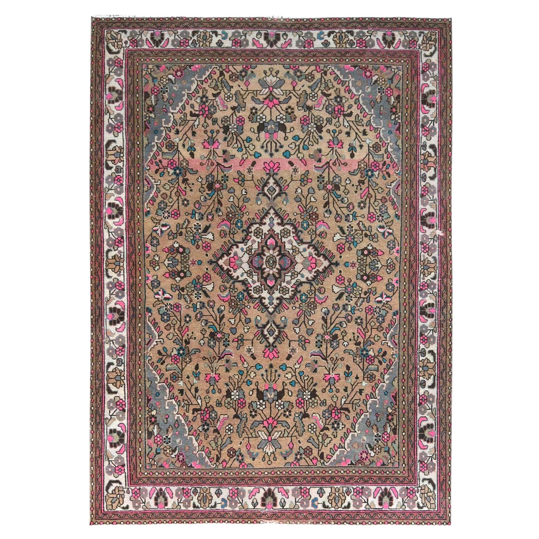 Tapis persan Hamadan vintage en laine usée marron mocha, noué à la main, usé