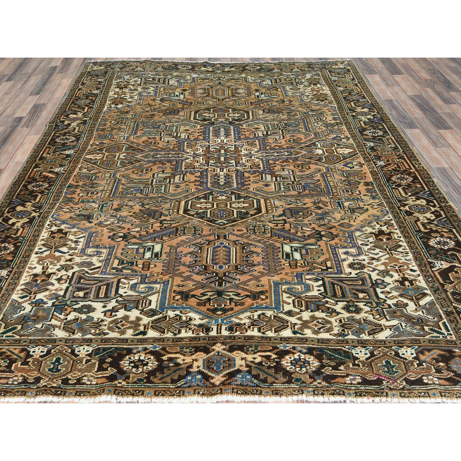 Medieval Mocha Brown Hand Knotted Vintage Persian Heriz Worn Down Wool Rustic Feel Rug