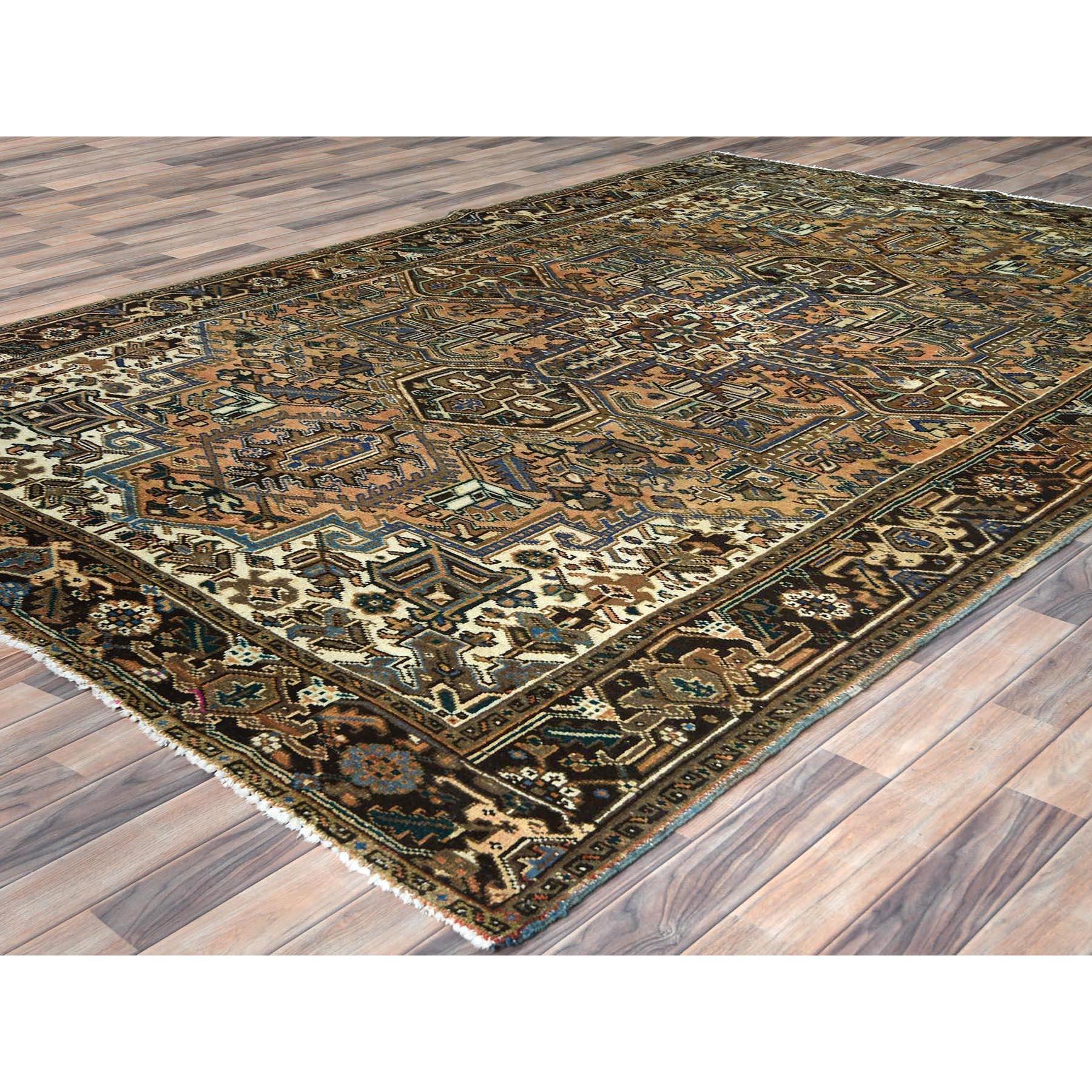 Hand-Knotted Mocha Brown Hand Knotted Vintage Persian Heriz Worn Down Wool Rustic Feel Rug