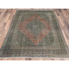 Mocha Brown, Hand Knotted Vintage Persian Shiraz Worn Wool, Distressed Look Rug