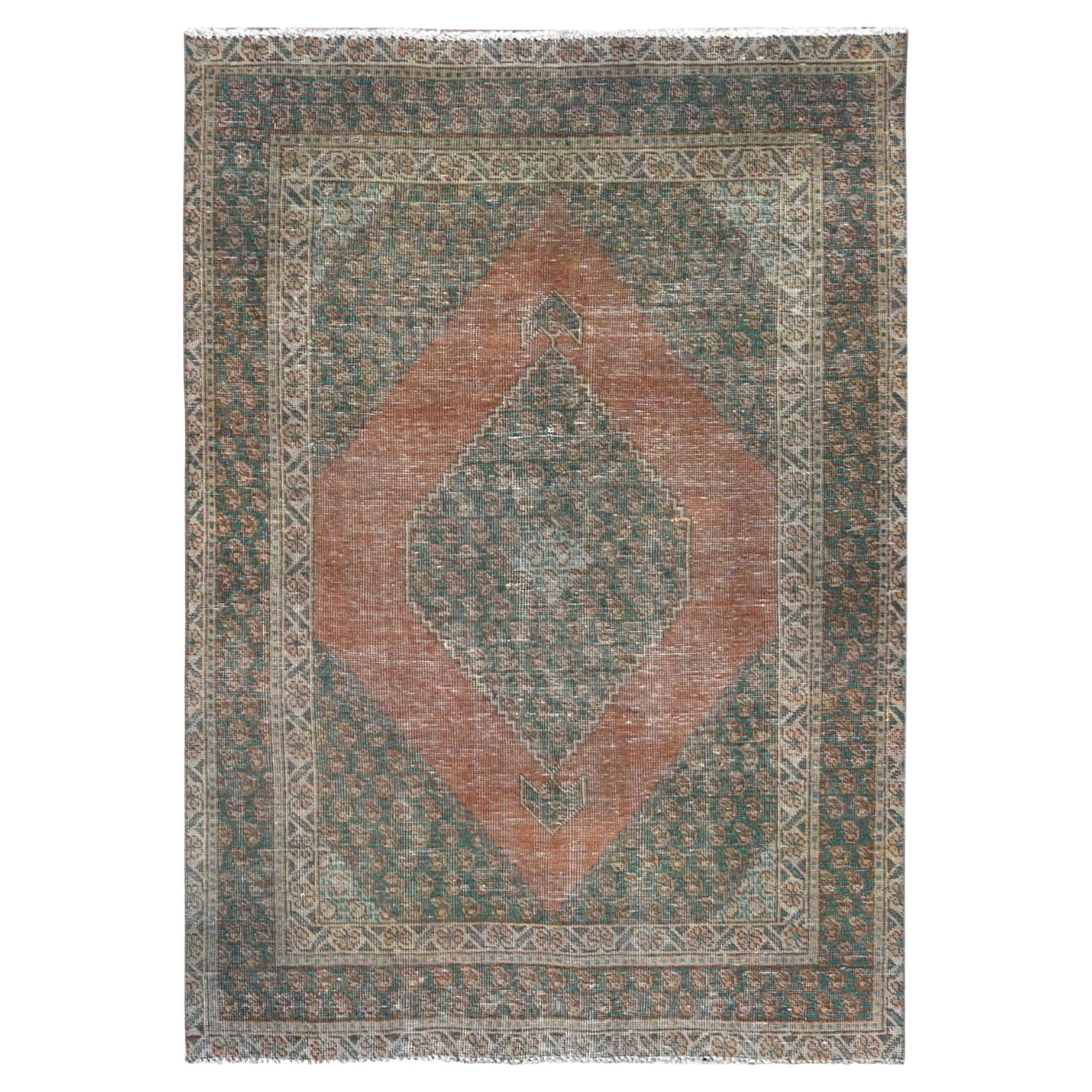 Mocha Brown, Hand Knotted Vintage Persian Shiraz Worn Wool, Distressed Look Rug For Sale