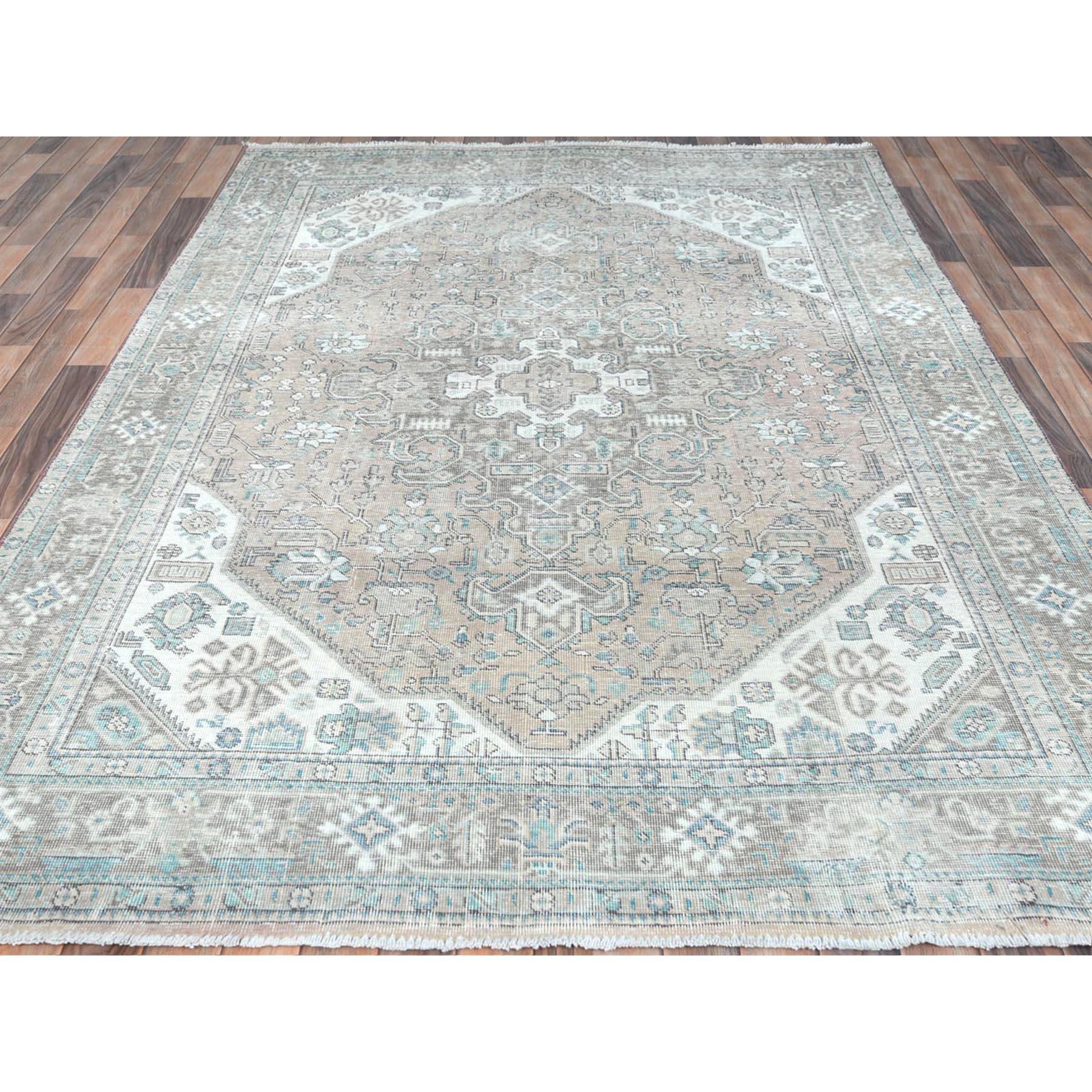 Hand-Knotted Mocha Brown Hand Knotted Worn Wool Distressed Look Vintage Persian Tabriz Rug For Sale