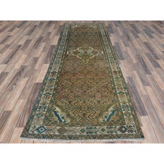 Brown Vintage Zoroastrian Amadan Abrash Distressed Hand Knotted Wool Runner Rug