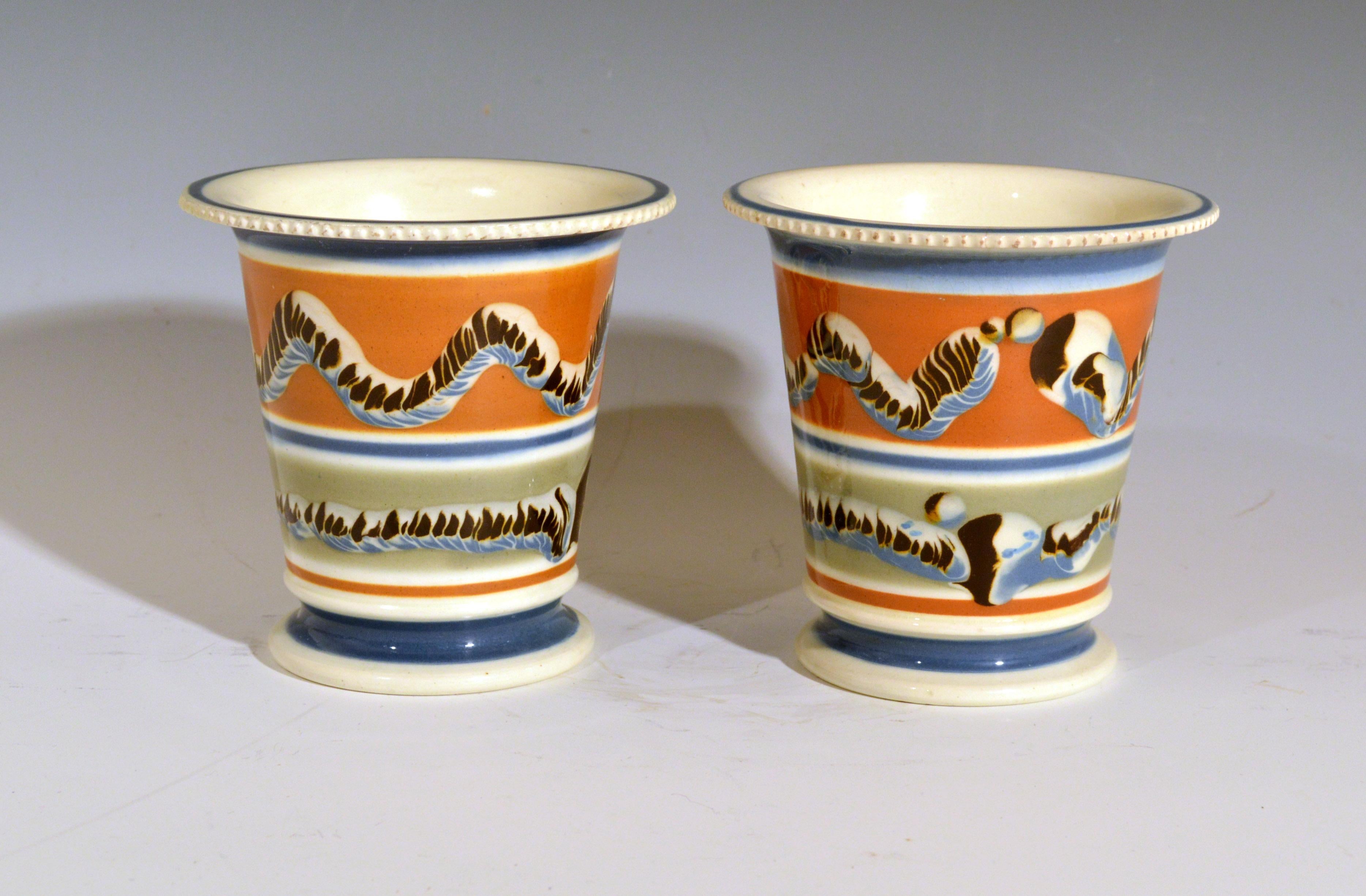 Mocha Creamware Pottery Pair of Cachepots with Earthworm Design In Good Condition In Downingtown, PA