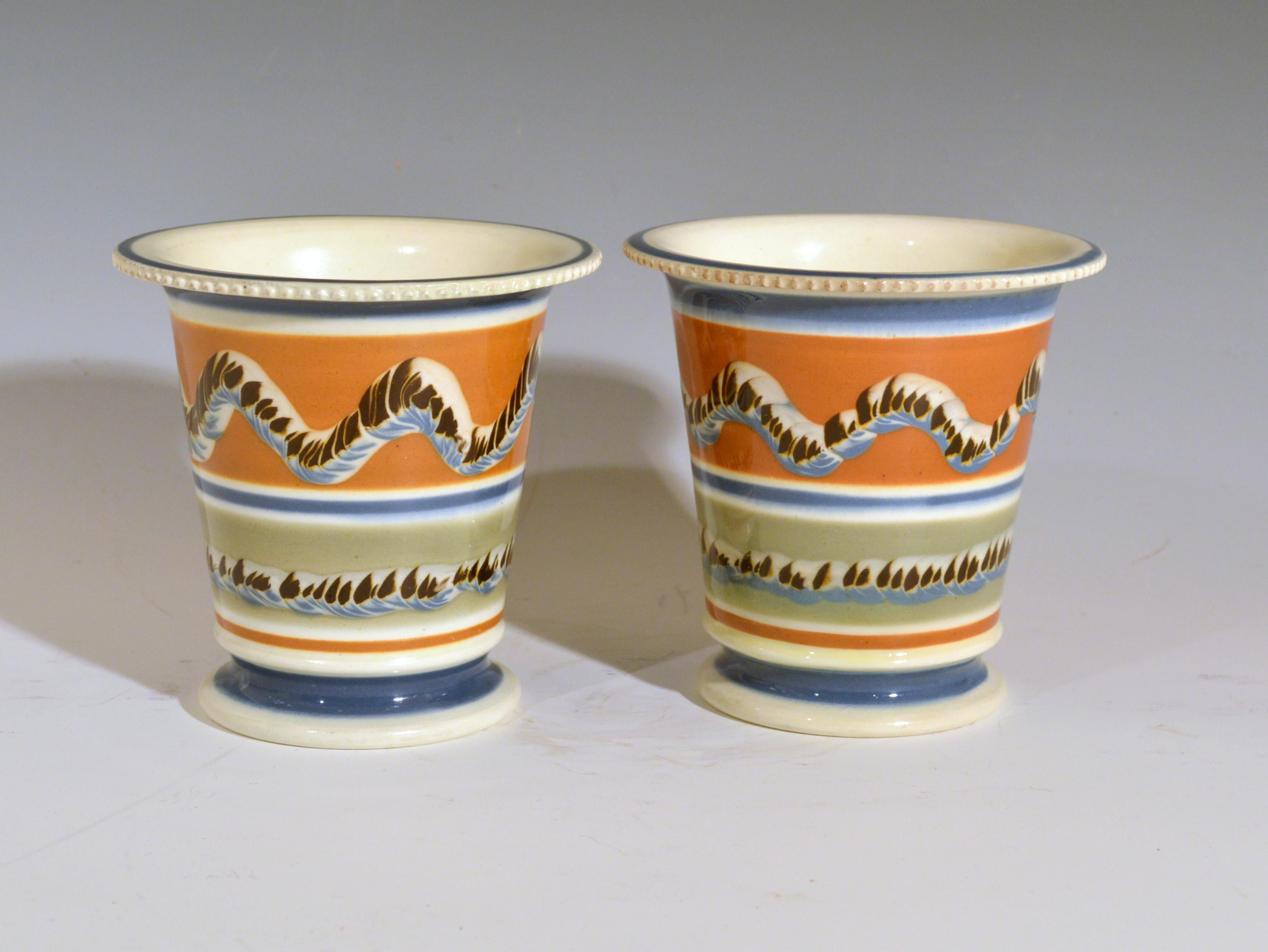 19th Century Mocha Creamware Pottery Pair of Cachepots with Earthworm Design